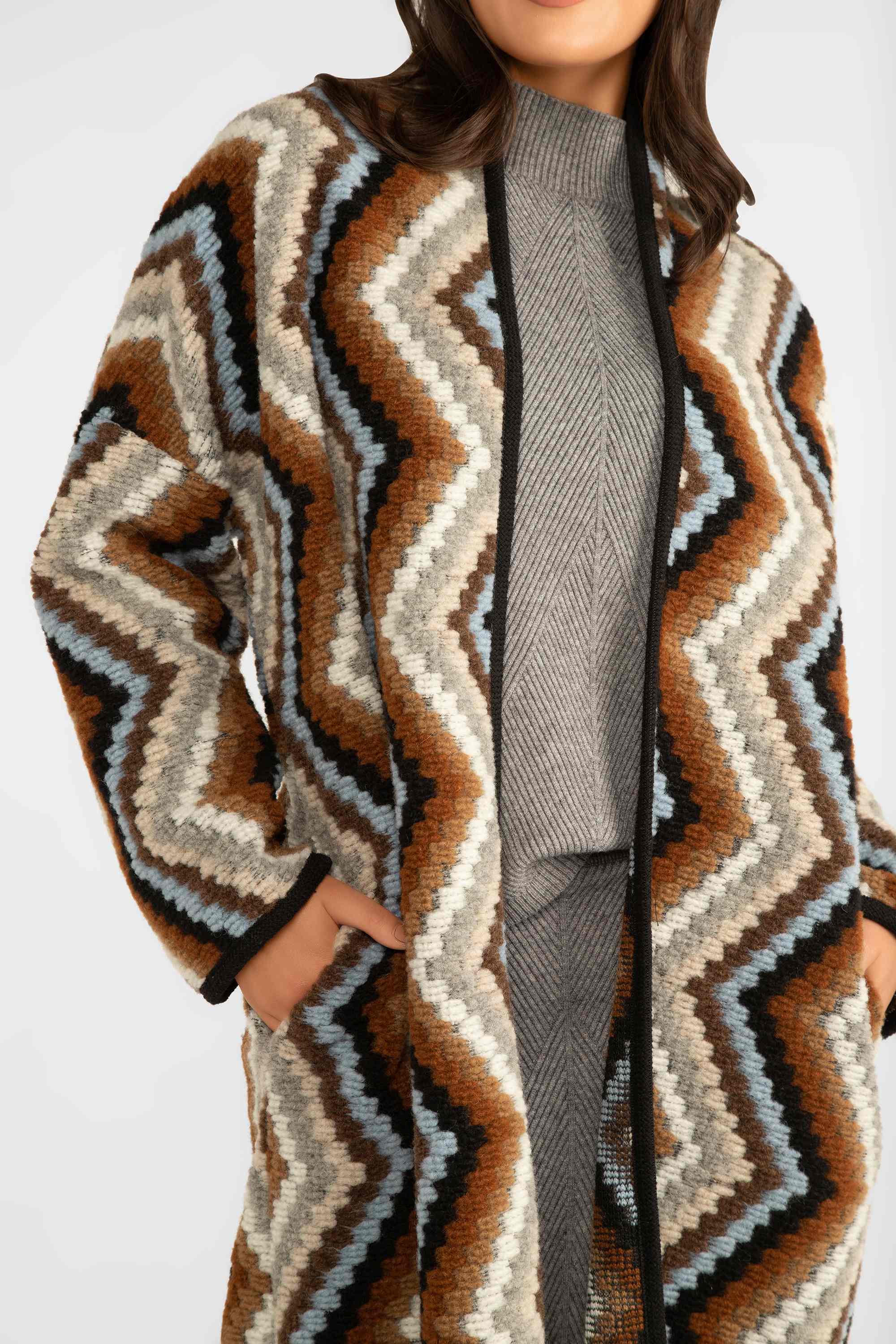 Astrid (17-W232F) Coachella Coat - Women's Long Sleeve, Open Front, Long Line Cardigan in a Quilted Chevron Pattern of Browns & Blue