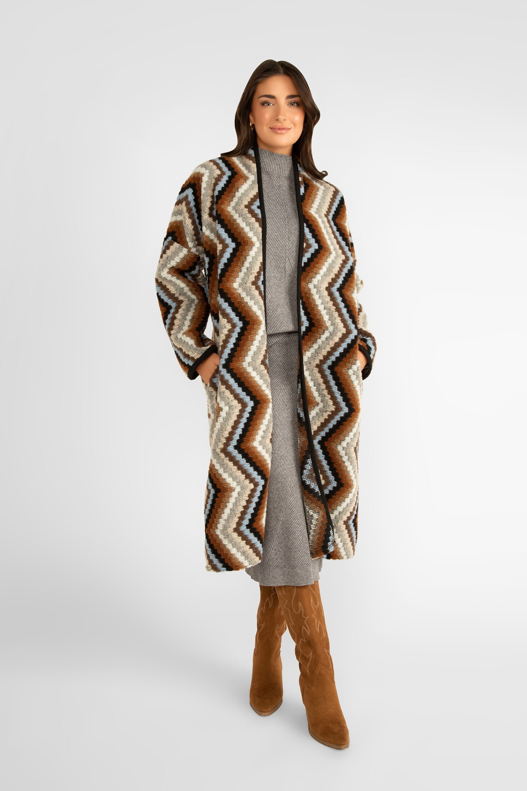 Astrid (17-W232F) Coachella Coat - Women's Long Sleeve, Open Front, Long Line Cardigan in a Quilted Chevron Pattern of Browns & Blue