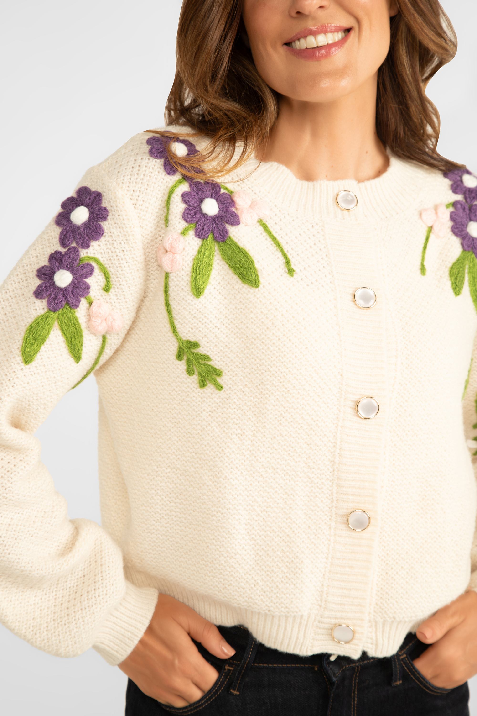 Astrid (17-WT045F) Women's Woodstock Cardigan - Cream medium weight knit with long sleeve and crew neck with pink and purple floral embroidery along shoulders