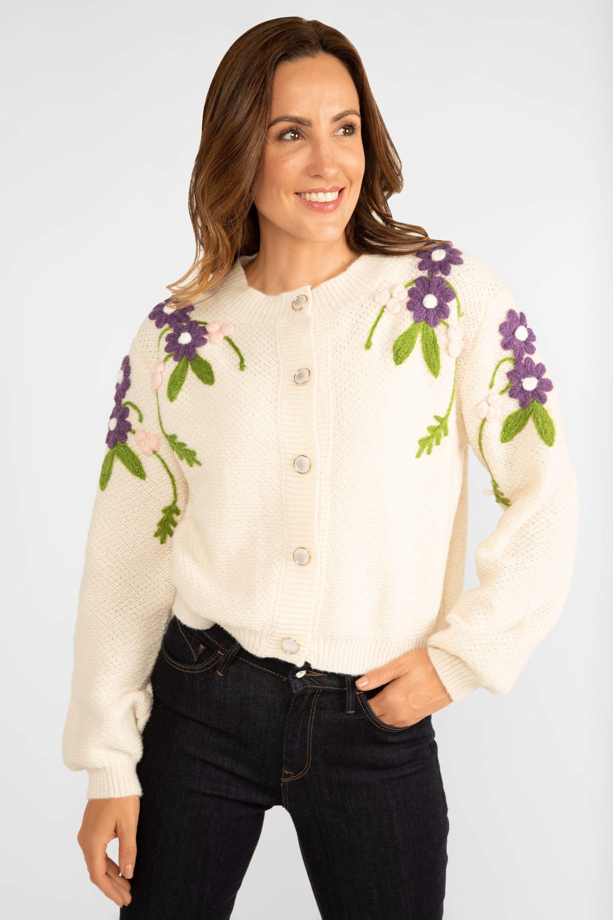 Astrid (17-WT045F) Women's Woodstock Cardigan - Cream medium weight knit with long sleeve and crew neck with pink and purple floral embroidery along shoulders