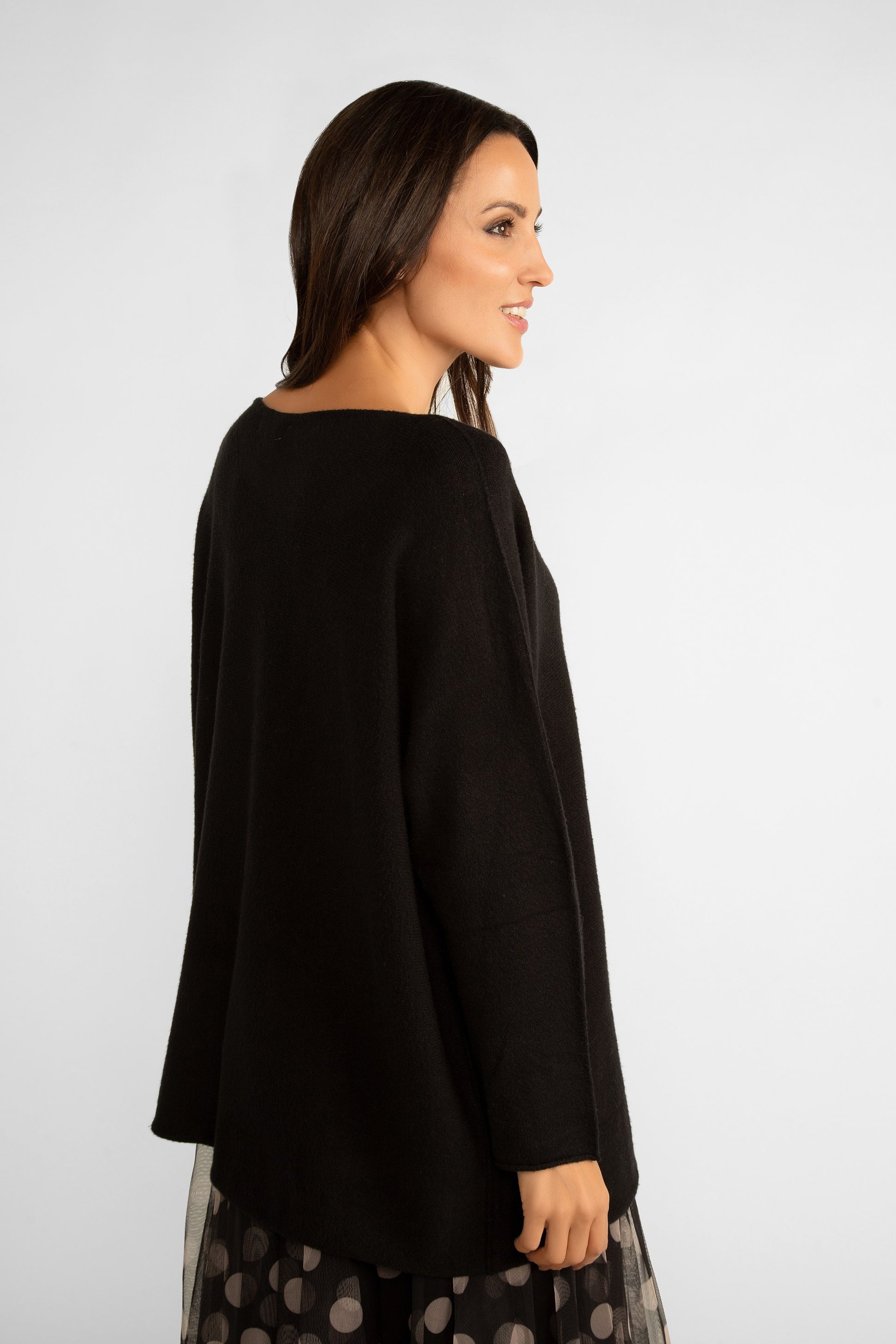 Back view of Me & Gee (18-23N3495) Women's Long Sleeve Relaxed Fit Marled Sweater in Black