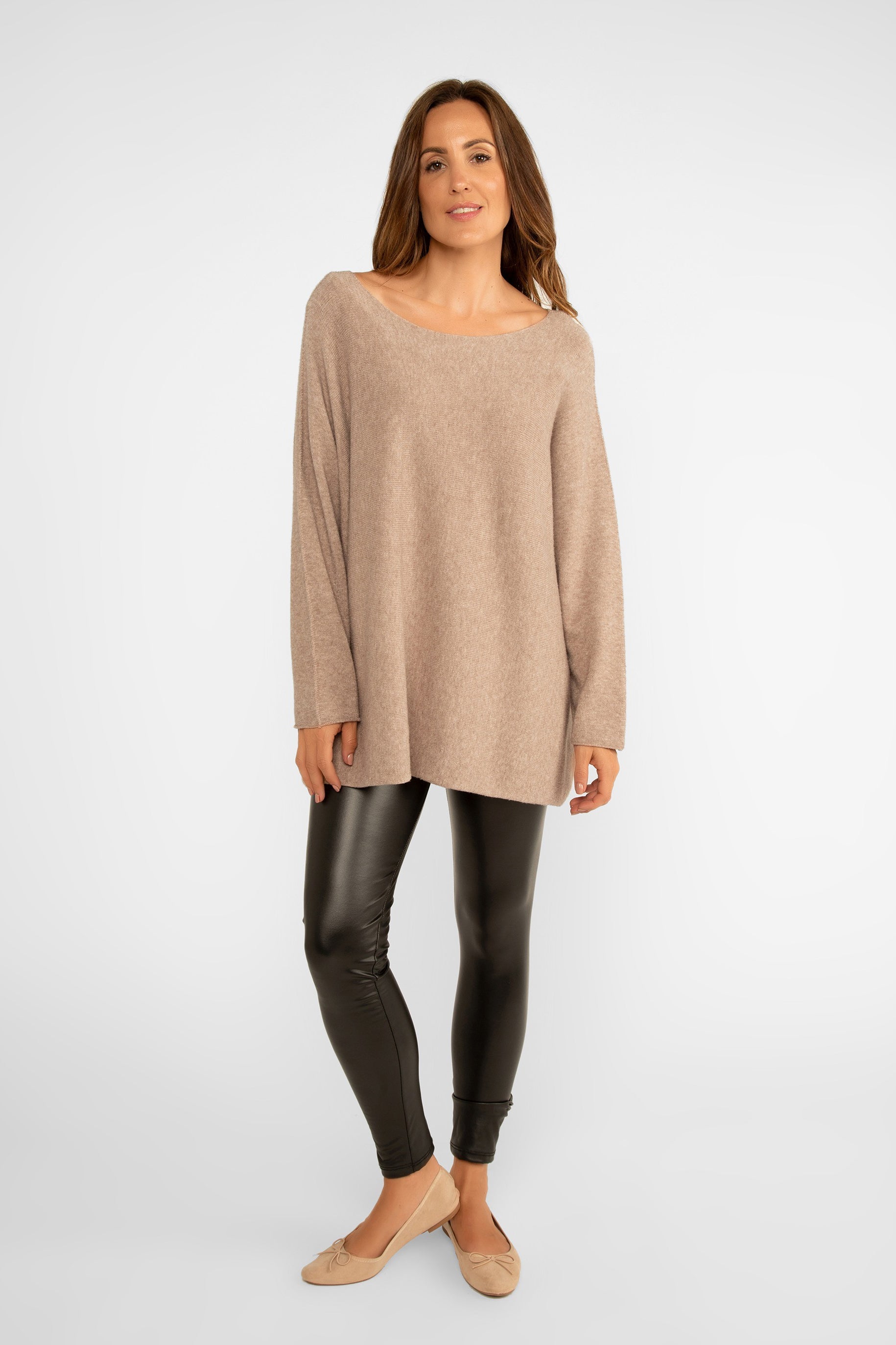 Me & Gee (18-23N3495) Women's Long Sleeve Relaxed Fit Marled Sweater in Beige Brown