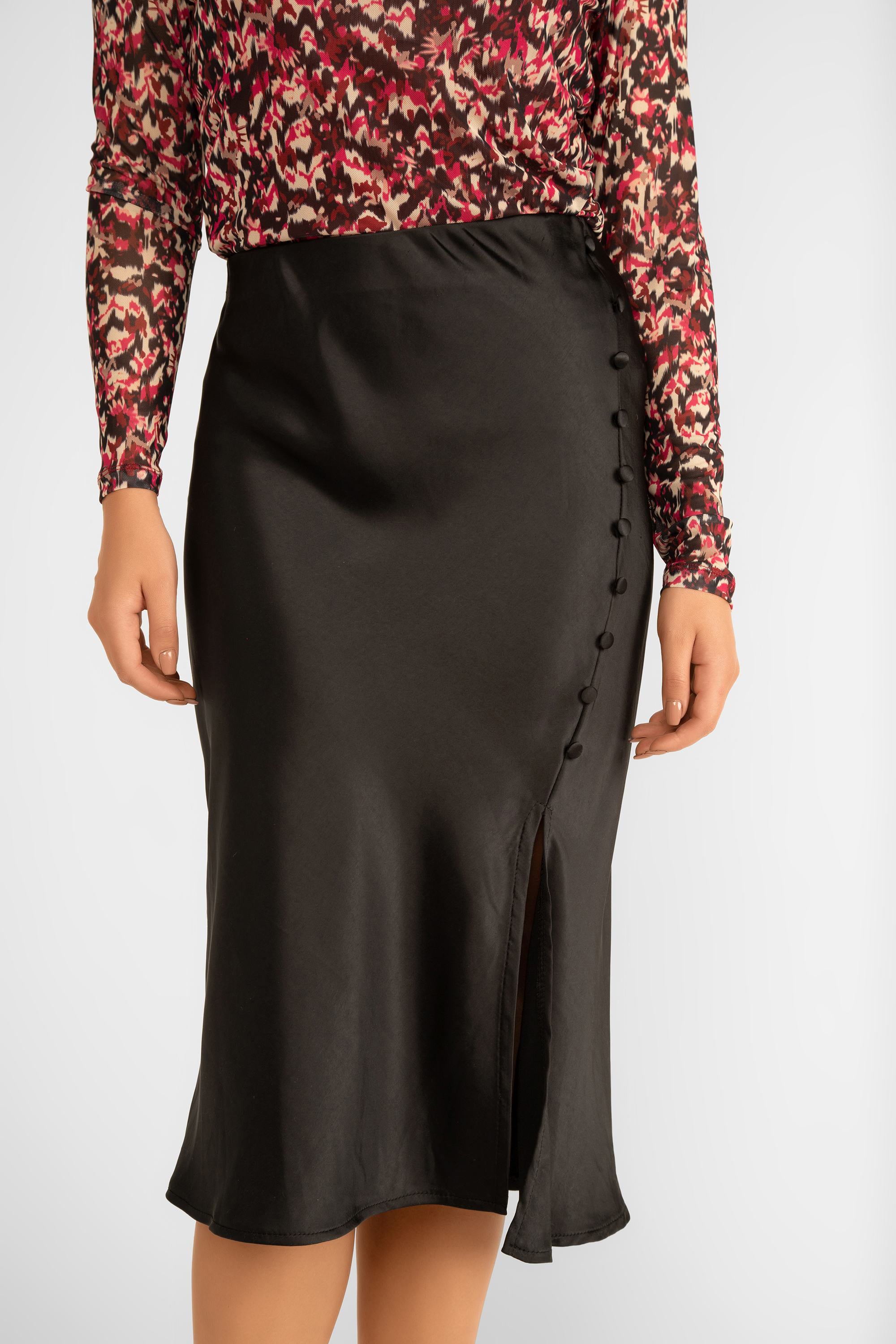 ASTRID (18-32013F) R & B Skirt - Women's Midi  Satin Skirt with Modest Side Split and Side Button Detail in Black