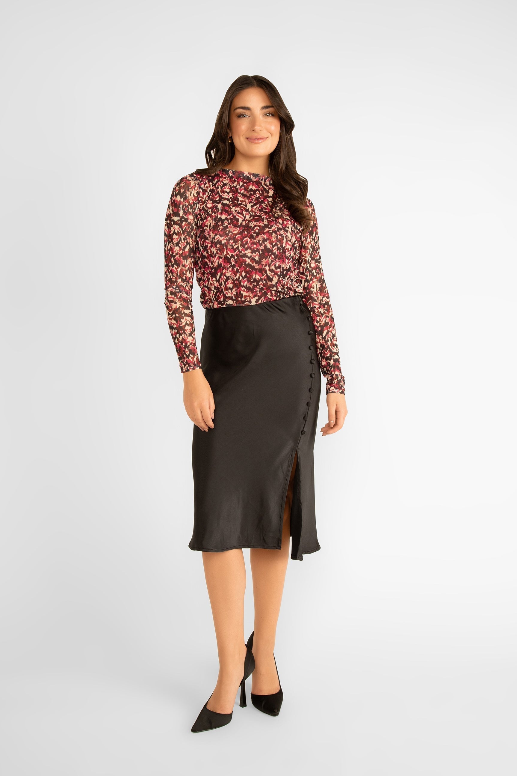 ASTRID (18-32013F) R & B Skirt - Women's Midi  Satin Skirt with Modest Side Split and Side Button Detail in Black