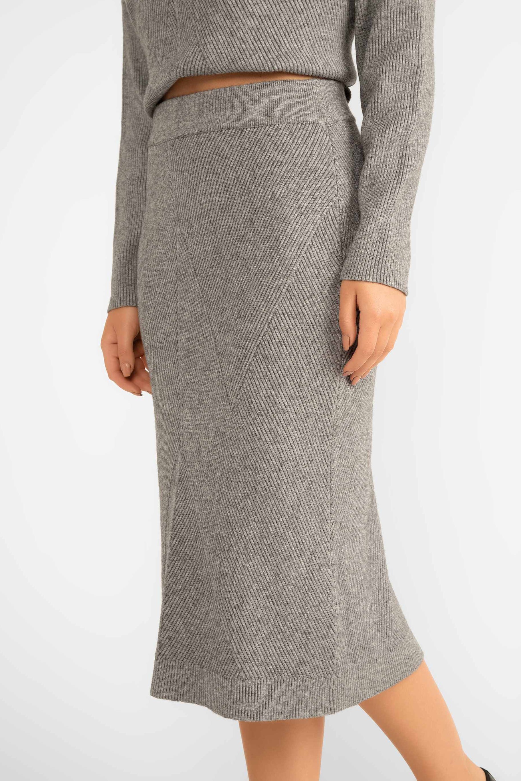 Astrid (18-AL0600F) Mellow Knit Pull-On Skirt - a Midi length ribbed knit skirt with a straight silhouette in grey