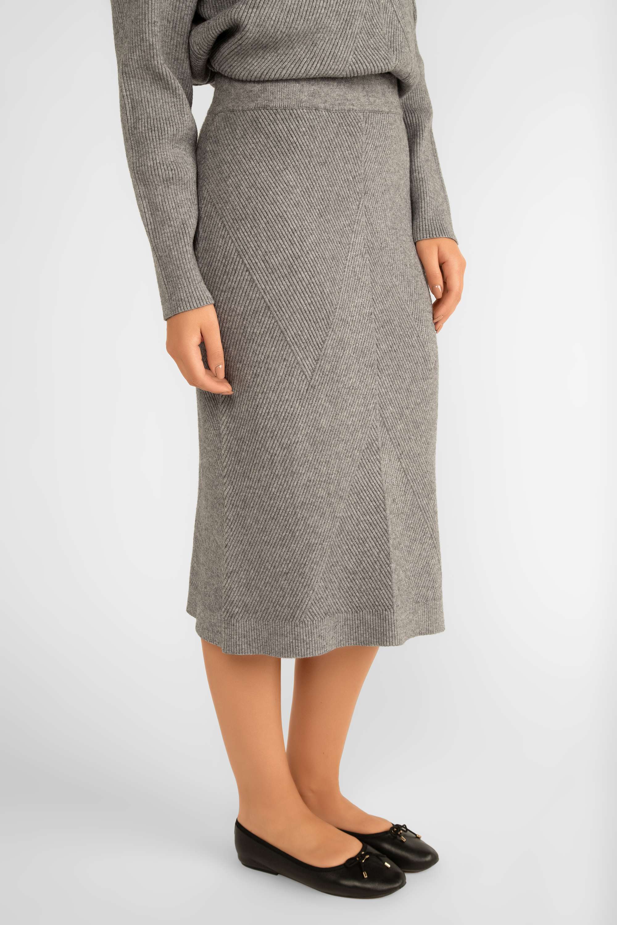 Astrid (18-AL0600F) Mellow Knit Pull-On Skirt - a Midi length ribbed knit skirt with a straight silhouette in grey