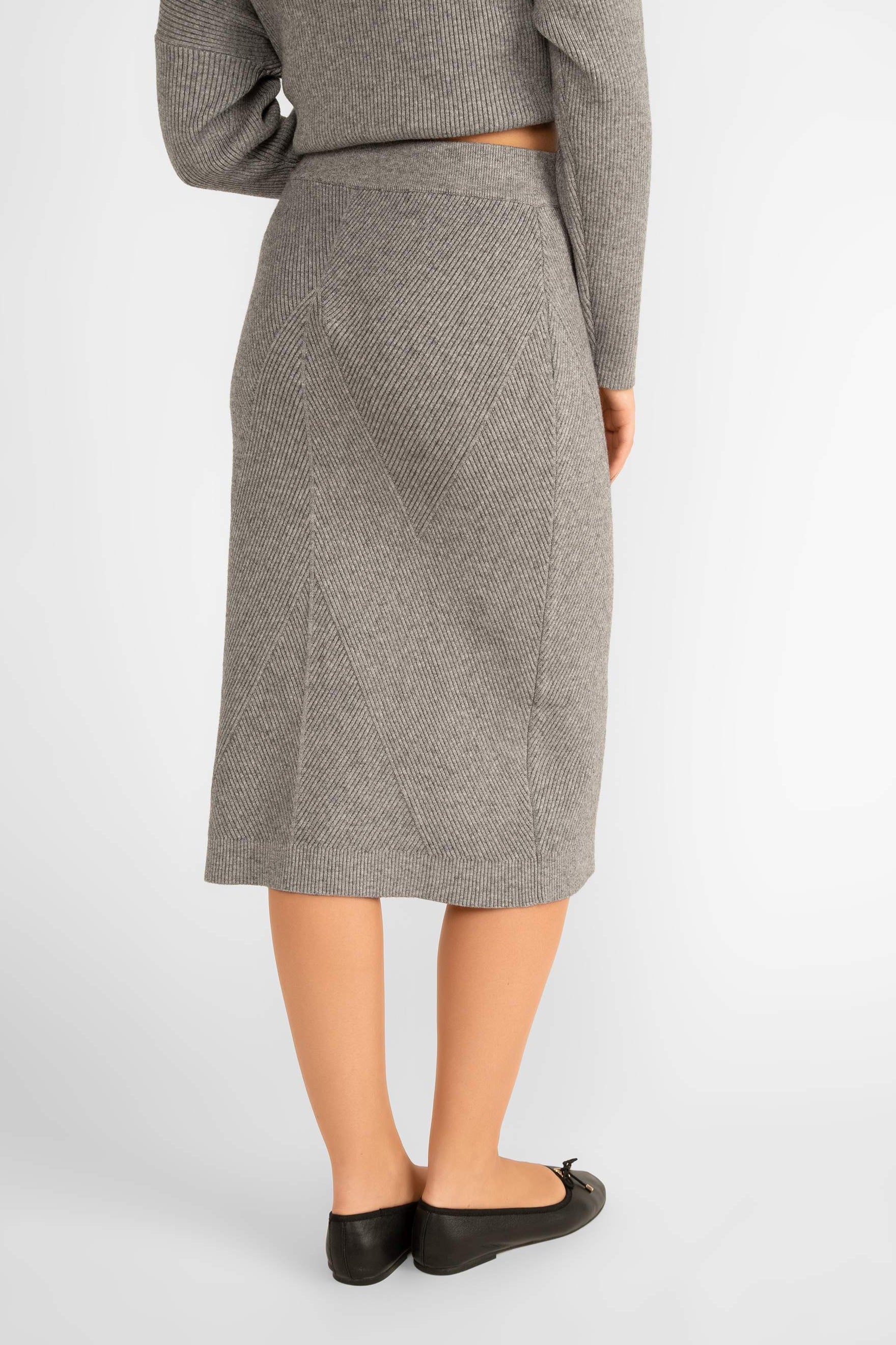 Back view of Astrid (18-AL0600F) Mellow Knit Pull-On Skirt - a Midi length ribbed knit skirt with a straight silhouette in grey