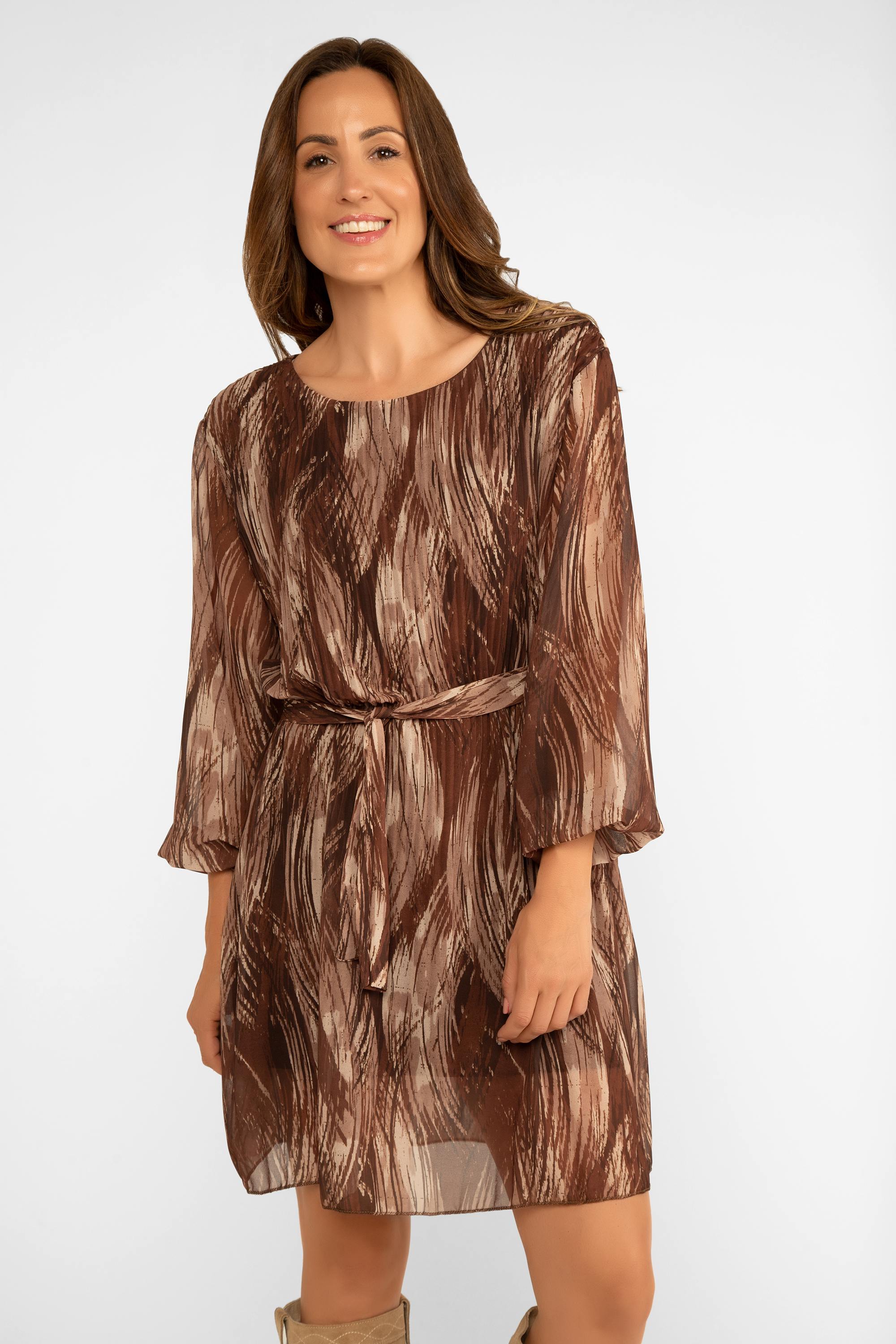 Julietta (21-2010_COCO) Women's Long Sleeve Above the Knee Dress with Removeable belt/sash in wavy brown print 