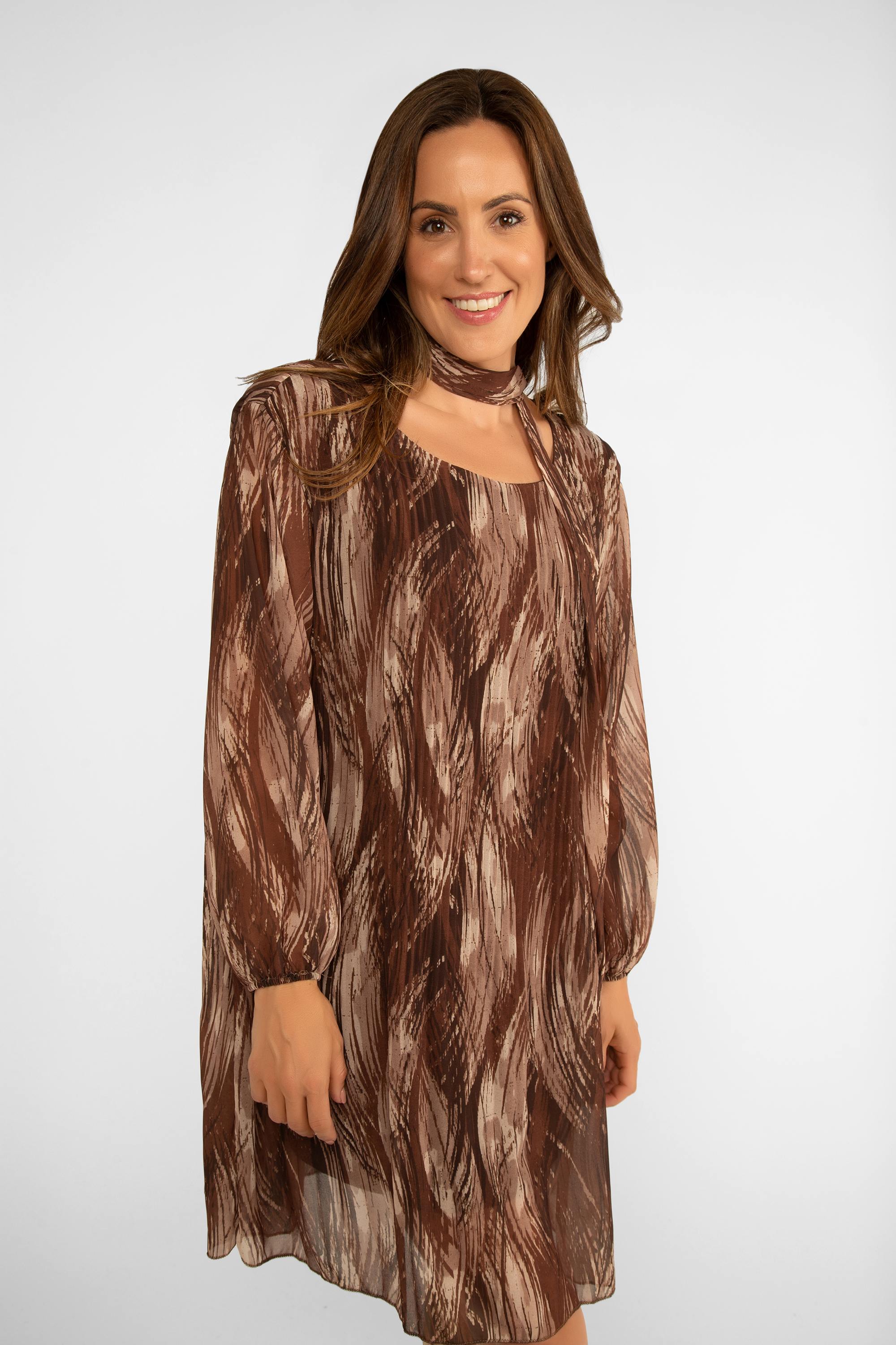 Julietta (21-2010_COCO) Women's Long Sleeve Above the Knee Dress with Removeable belt/sash in wavy brown print 