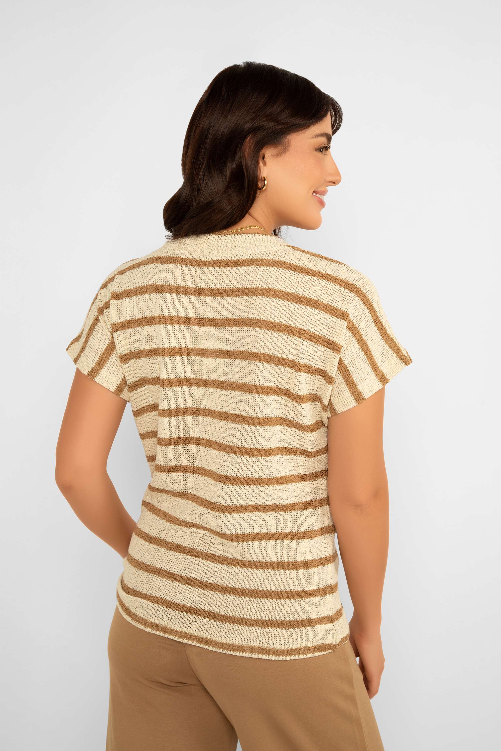 Soya Concept (26607) Women's Short Sleeve V-Neck Stripe Sweater in Brown Reverse