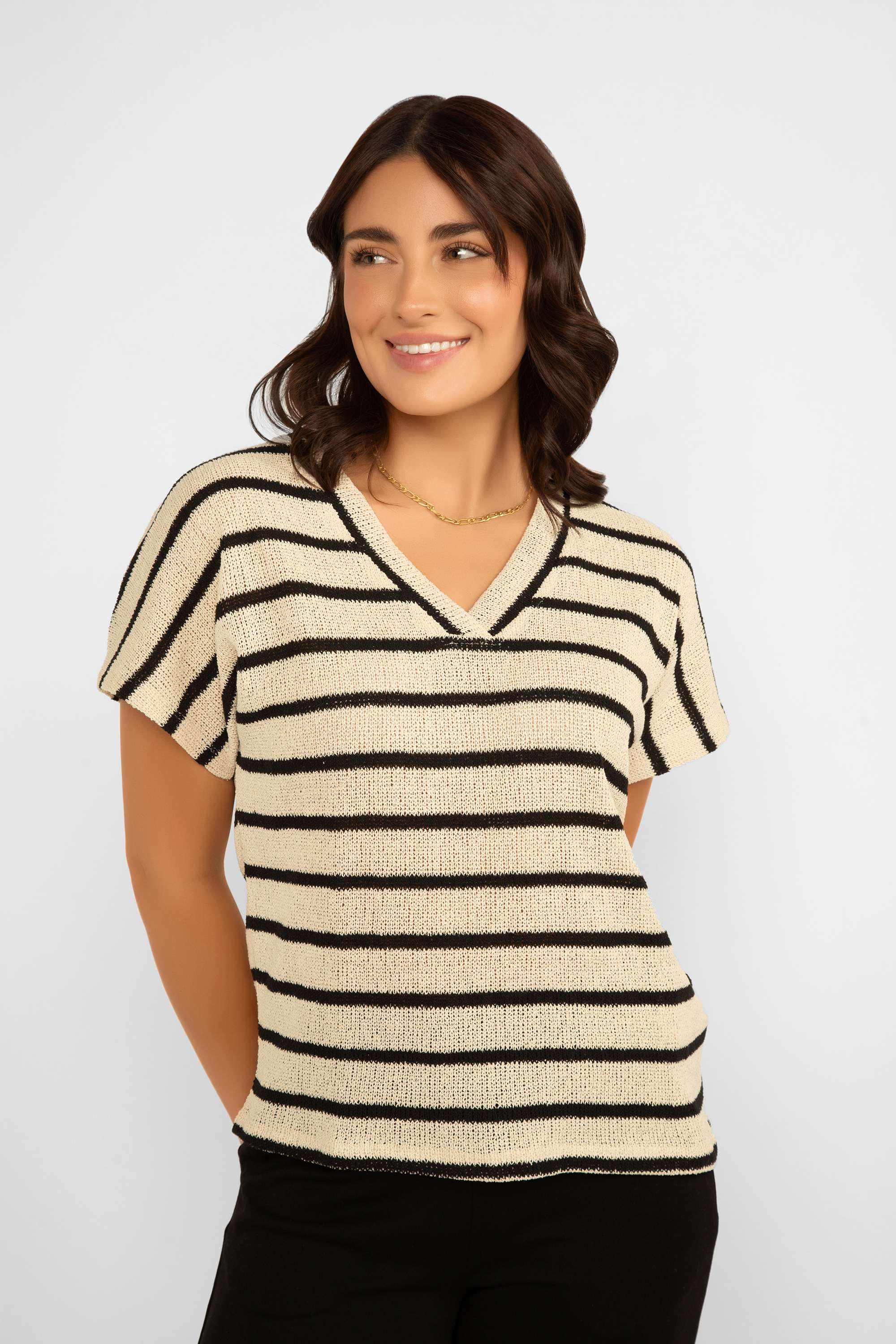 Soya Concept (26607) Women's Short Sleeve V-Neck Stripe Sweater in Black