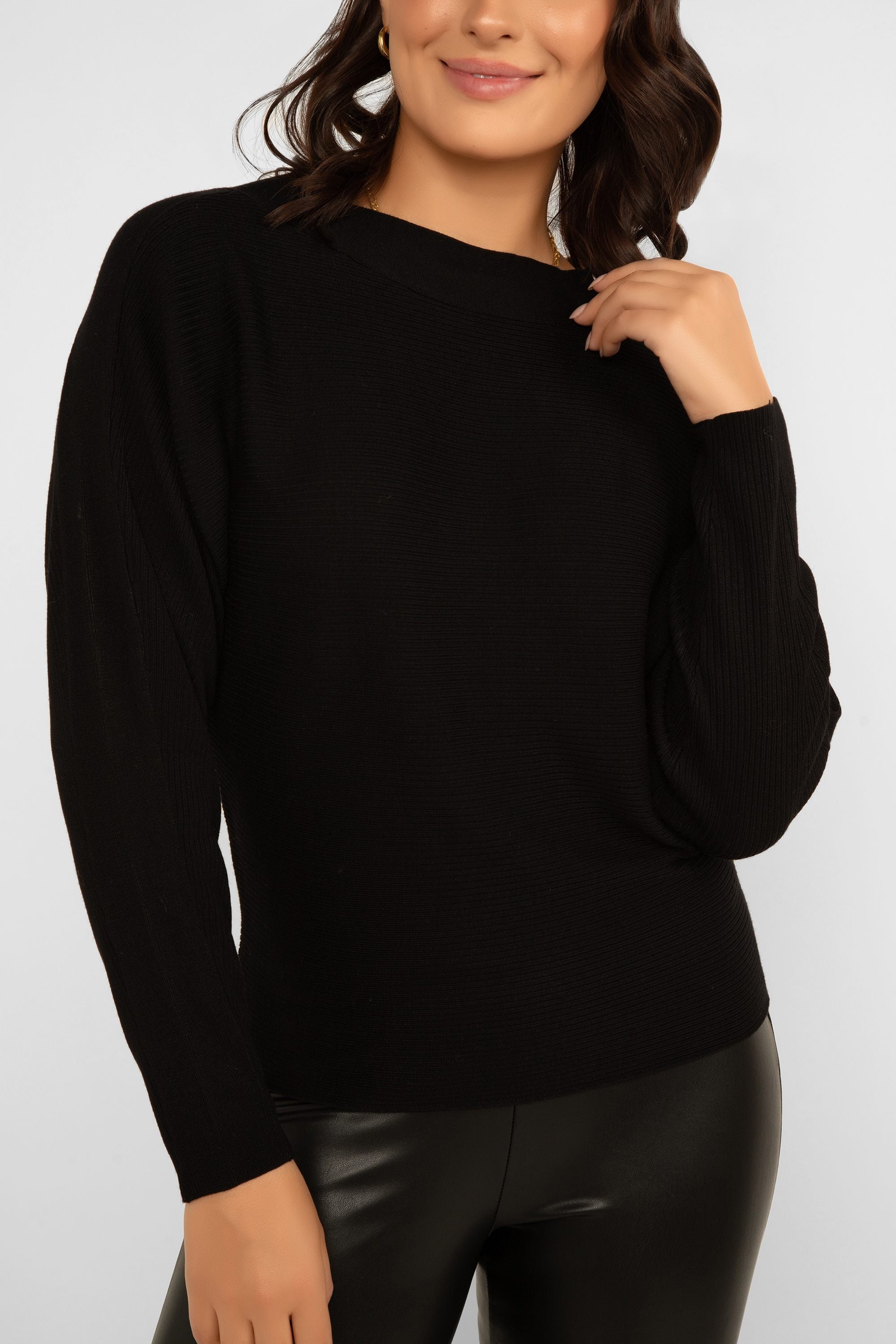 Soya Concept (32958) Women's Long Dolman Sleeve Boat Neck Sweater in Black