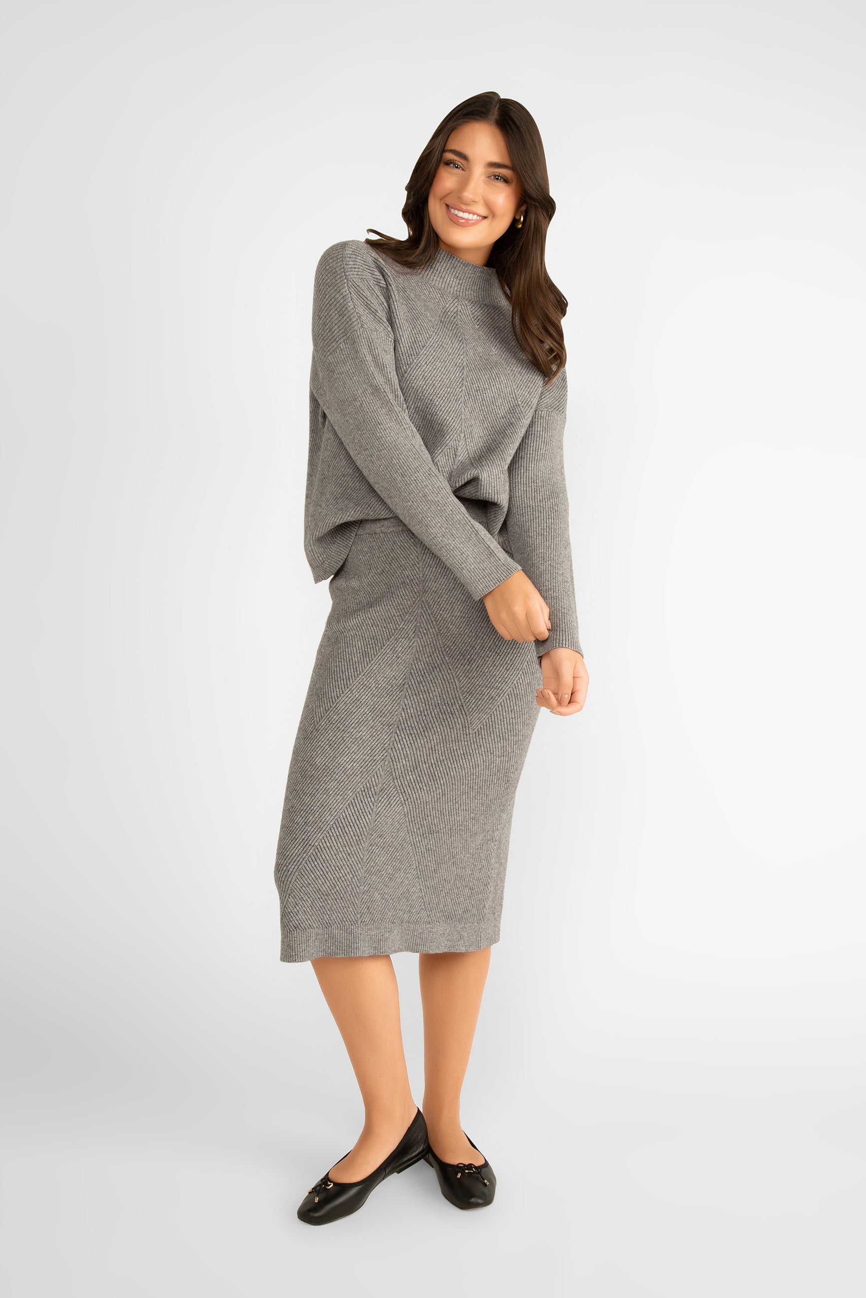 Astrid (18-AL0600F) Mellow Knit Pull-On Skirt - a Midi length ribbed knit skirt with a straight silhouette in grey