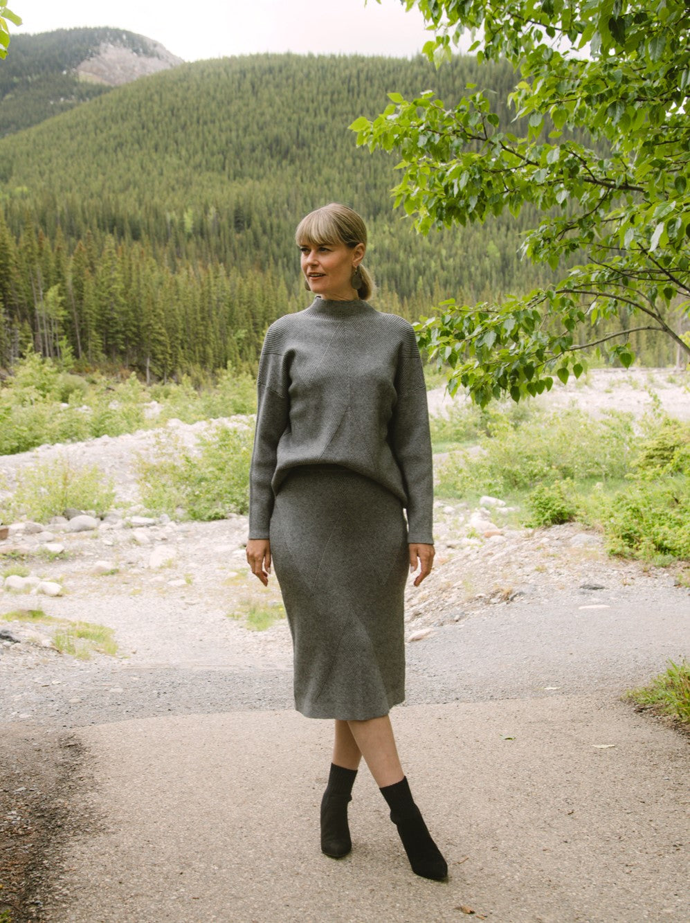 Astrid (18-AL0600F) Mellow Knit Pull-On Skirt - a Midi length ribbed knit skirt with a straight silhouette in grey