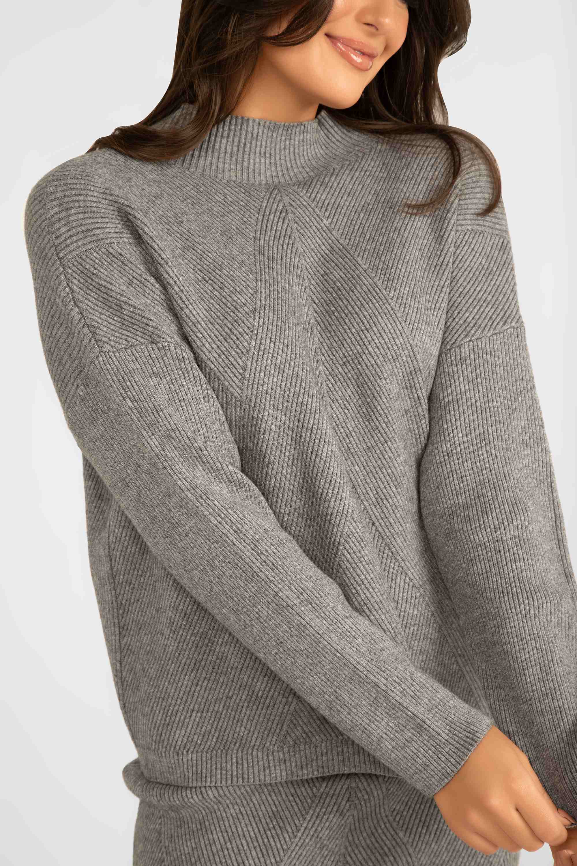 Astrid (33-AL0599F) Women's Mellow Long Sleeve Mock Neck Sweater - A ribbed knit sweater with drop shoulders and a relaxed silhouette in grey