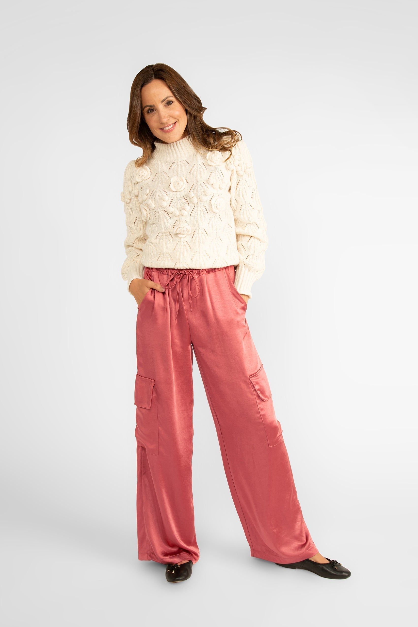 Astrid (11-30302F) R&B Cargo Pant - Women's Wide Leg Draw String Cargo Pants in Dusty Pink Satin