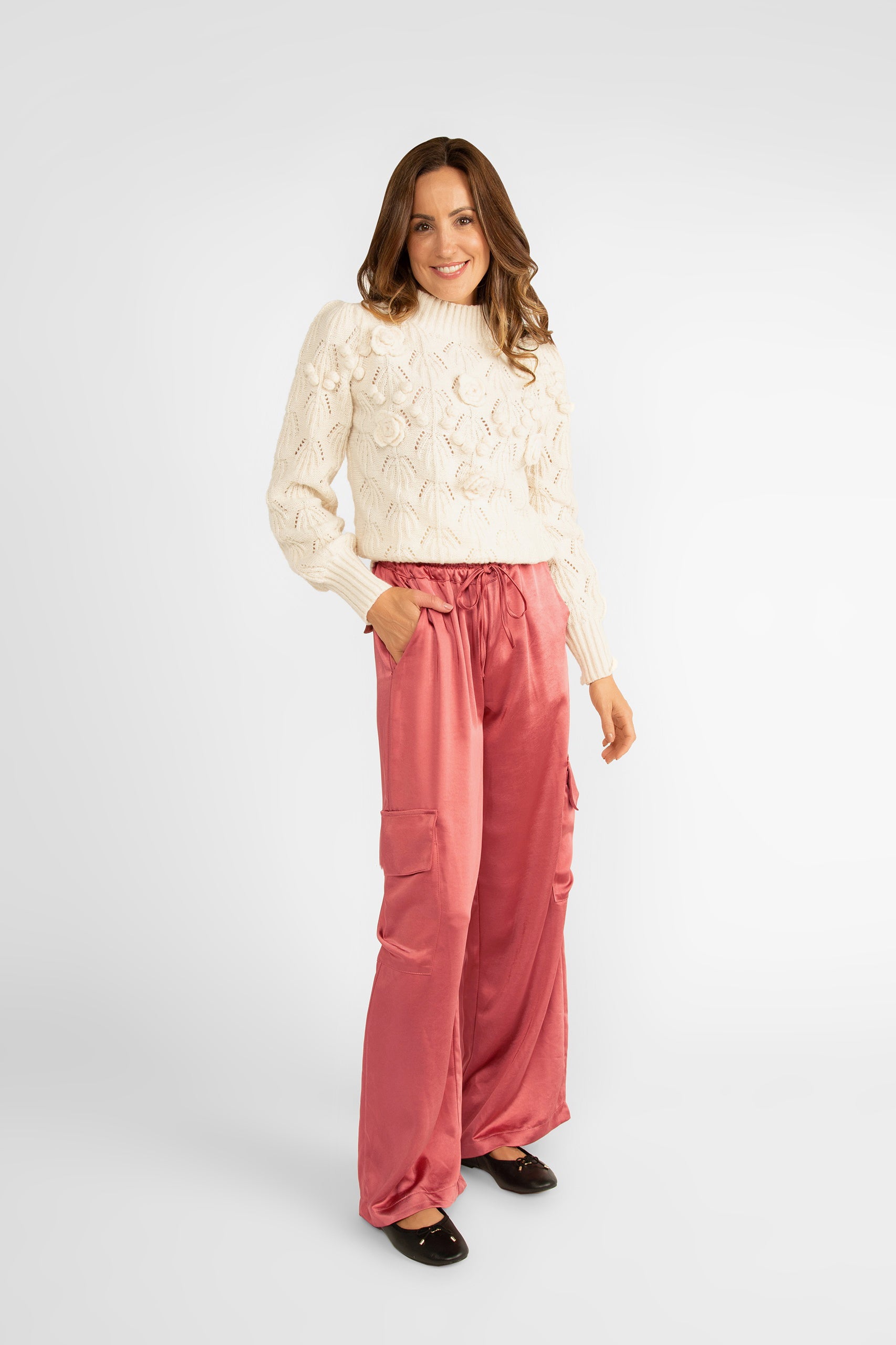 Astrid (11-30302F) R&B Cargo Pant - Women's Wide Leg Draw String Cargo Pants in Dusty Pink Satin