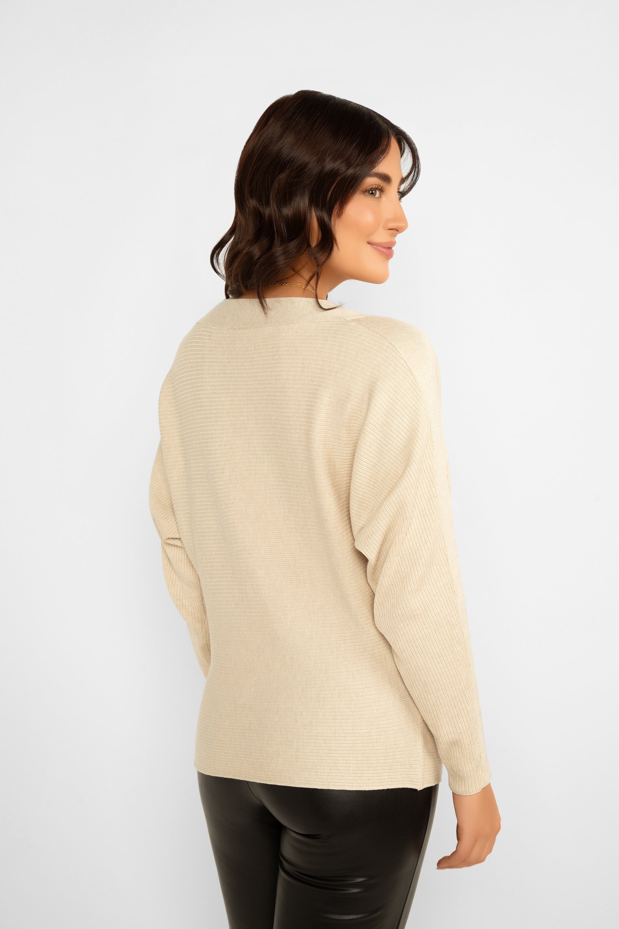 Soya Concept (32958) Women's Long Dolman Sleeve Boat Neck Sweater in Beige Reverse