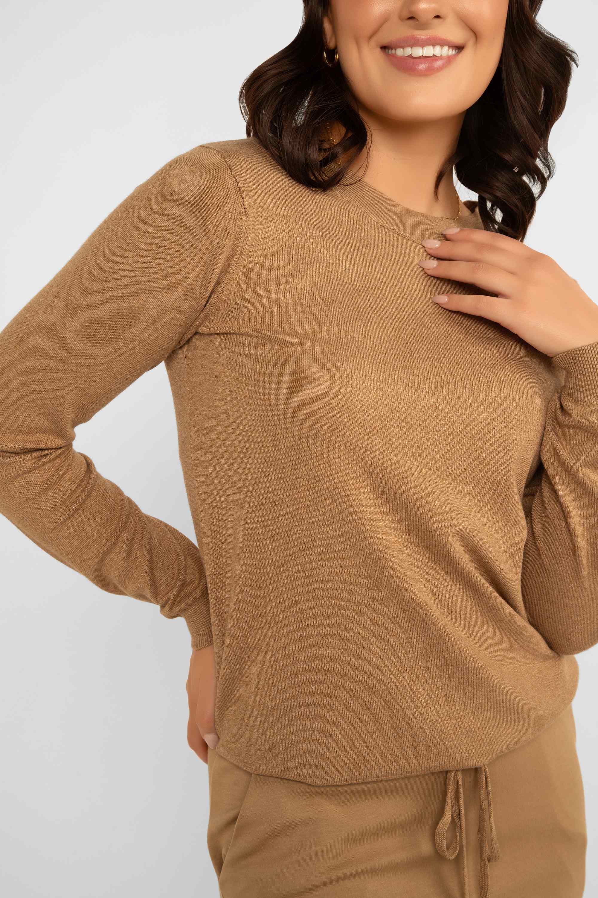 Soya Concept (33524) Women's Long Sleeve Pullover Sweater with Adjustable Drawstring Hem in Brown