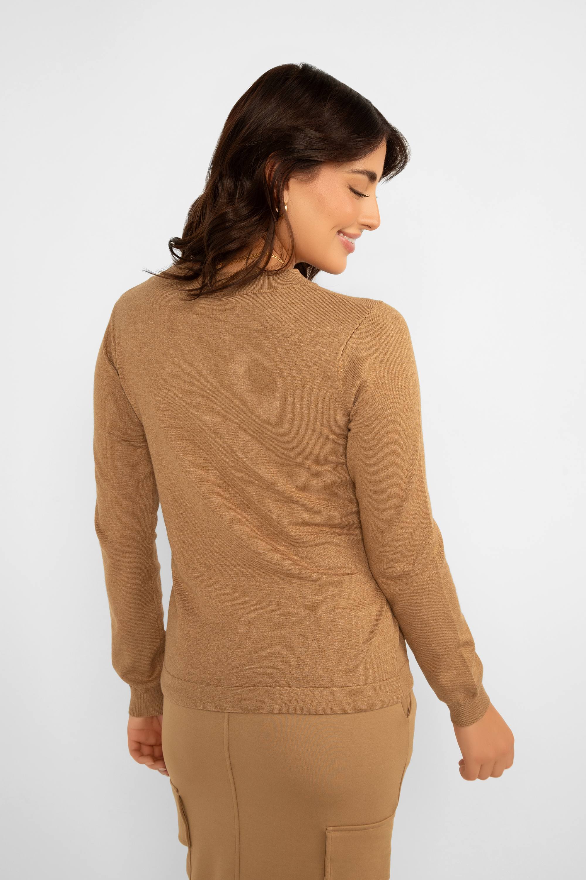 Back view of Soya Concept (33524) Women's Long Sleeve Pullover Sweater with Adjustable Drawstring Hem in Brown