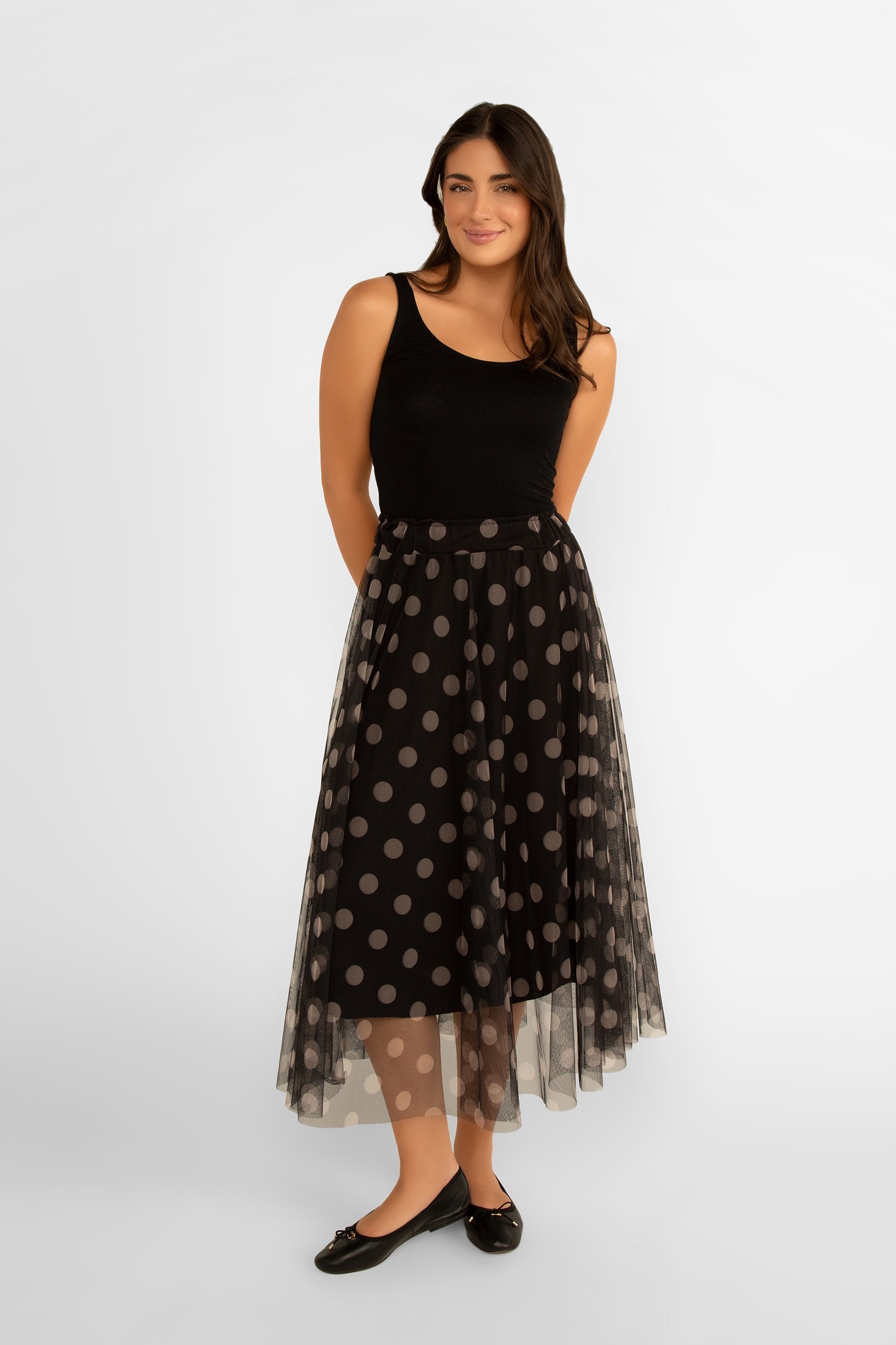 Me & Gee (35-7777) Women's Chiffon Polka Dot Skirt in Black and Cream