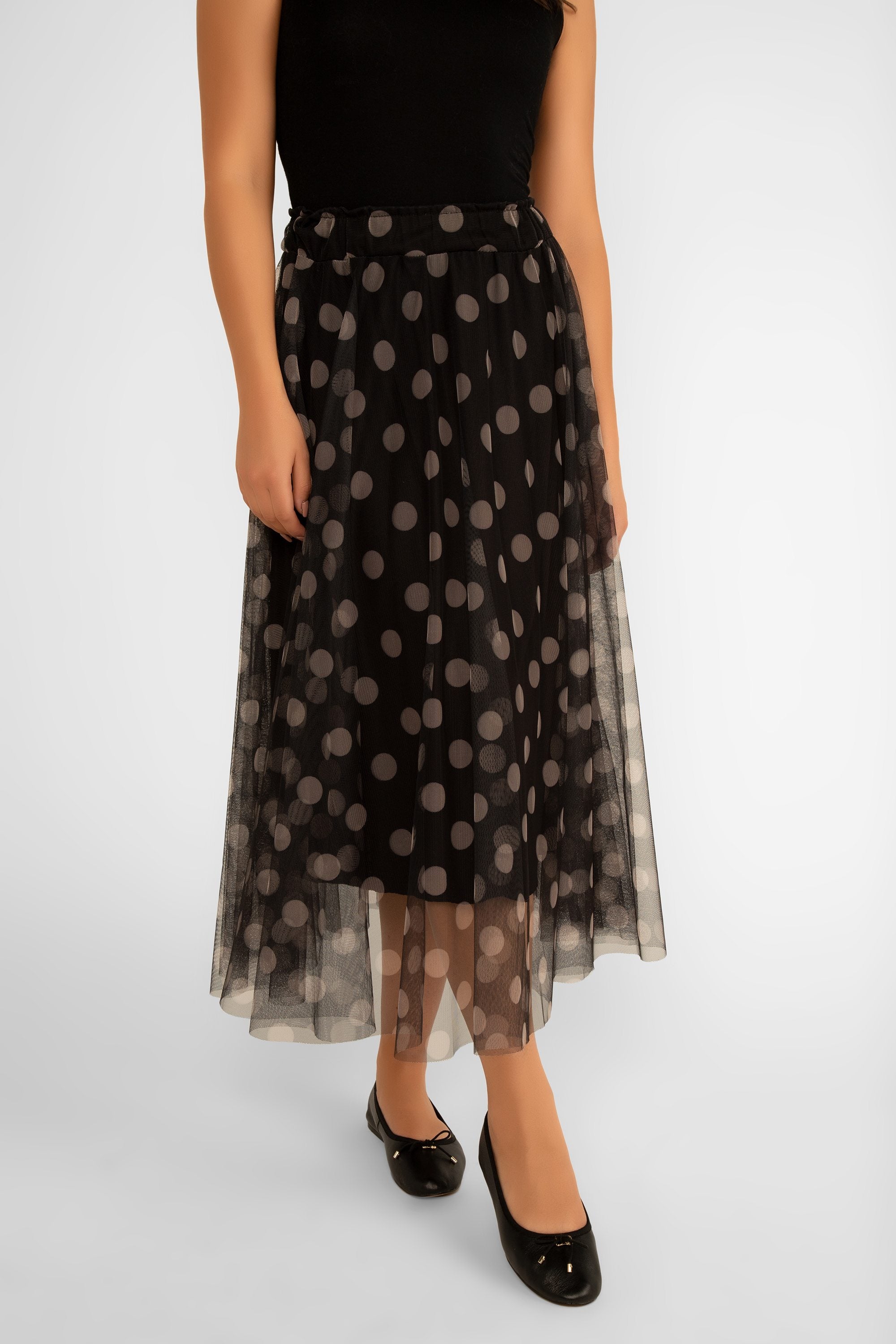 Me & Gee (35-7777) Women's Chiffon Polka Dot Skirt in Black and Cream