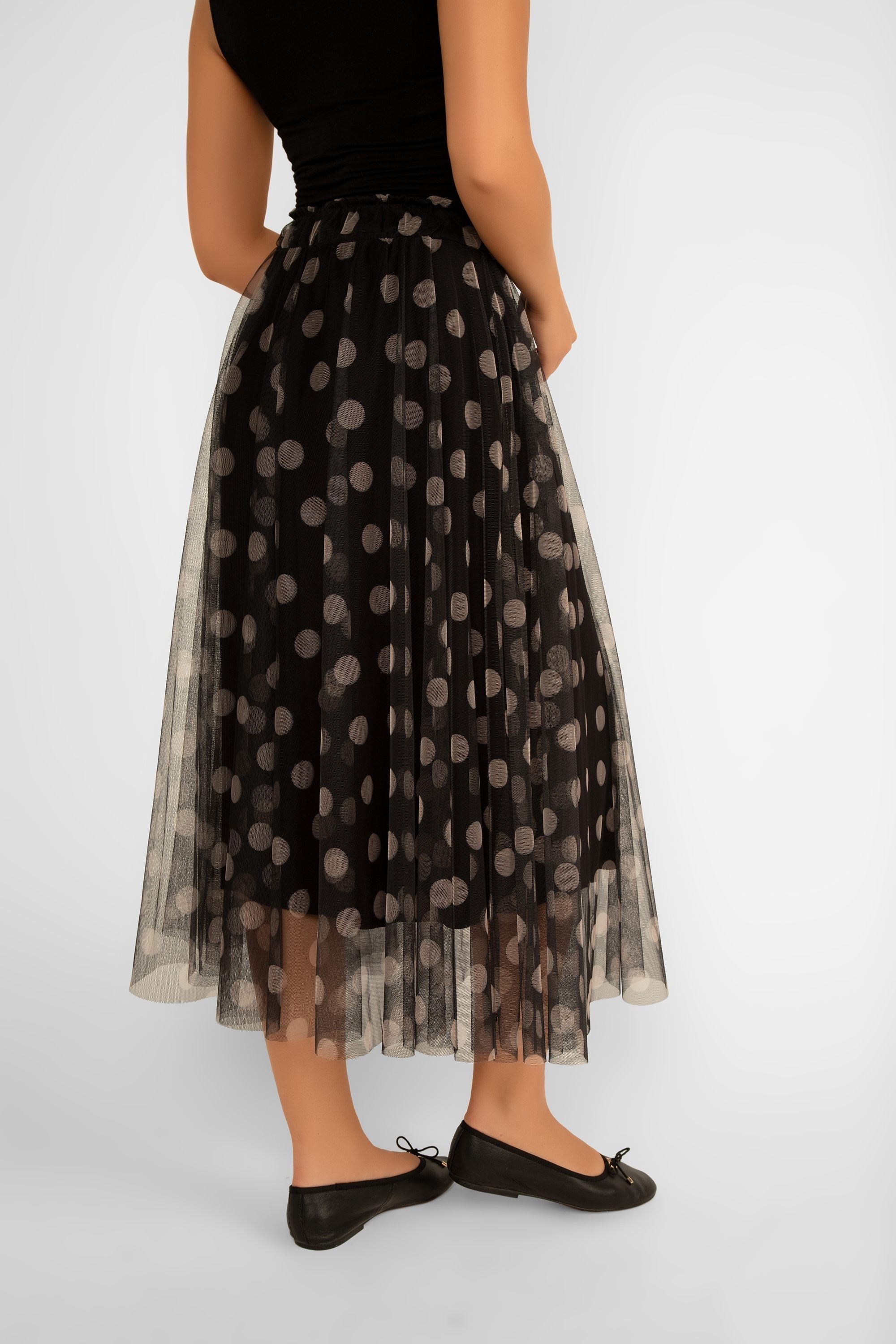 Back view of Me & Gee (35-7777) Women's Chiffon Polka Dot Skirt in Black and Cream