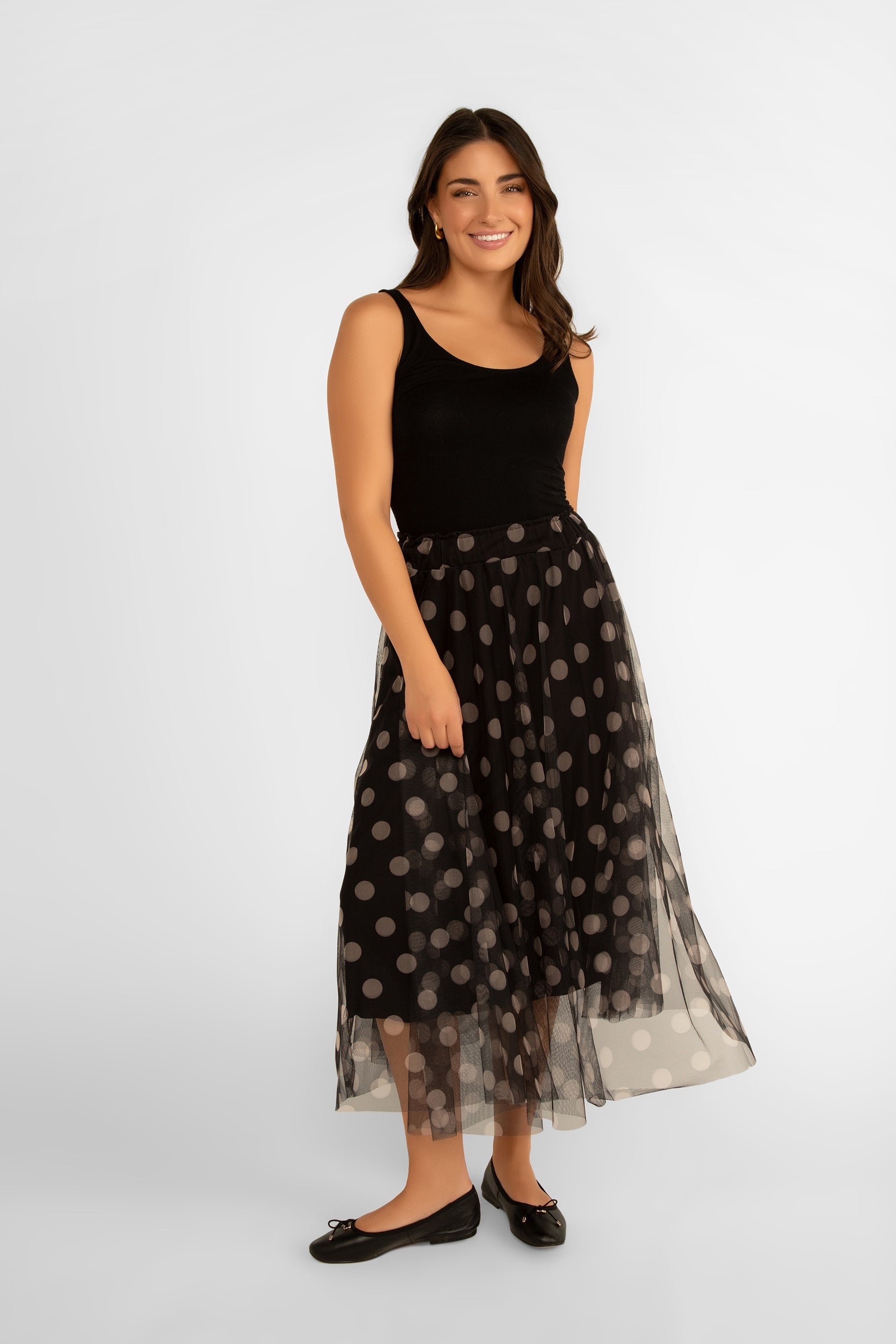 Me & Gee (35-7777) Women's Chiffon Polka Dot Skirt in Black and Cream