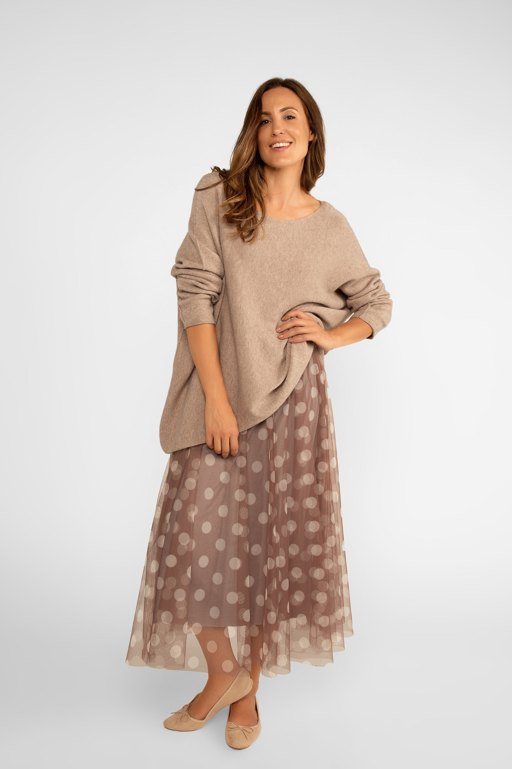 Me & Gee (35-7777) Women's Chiffon Polka Dot Skirt in Brown and Cream