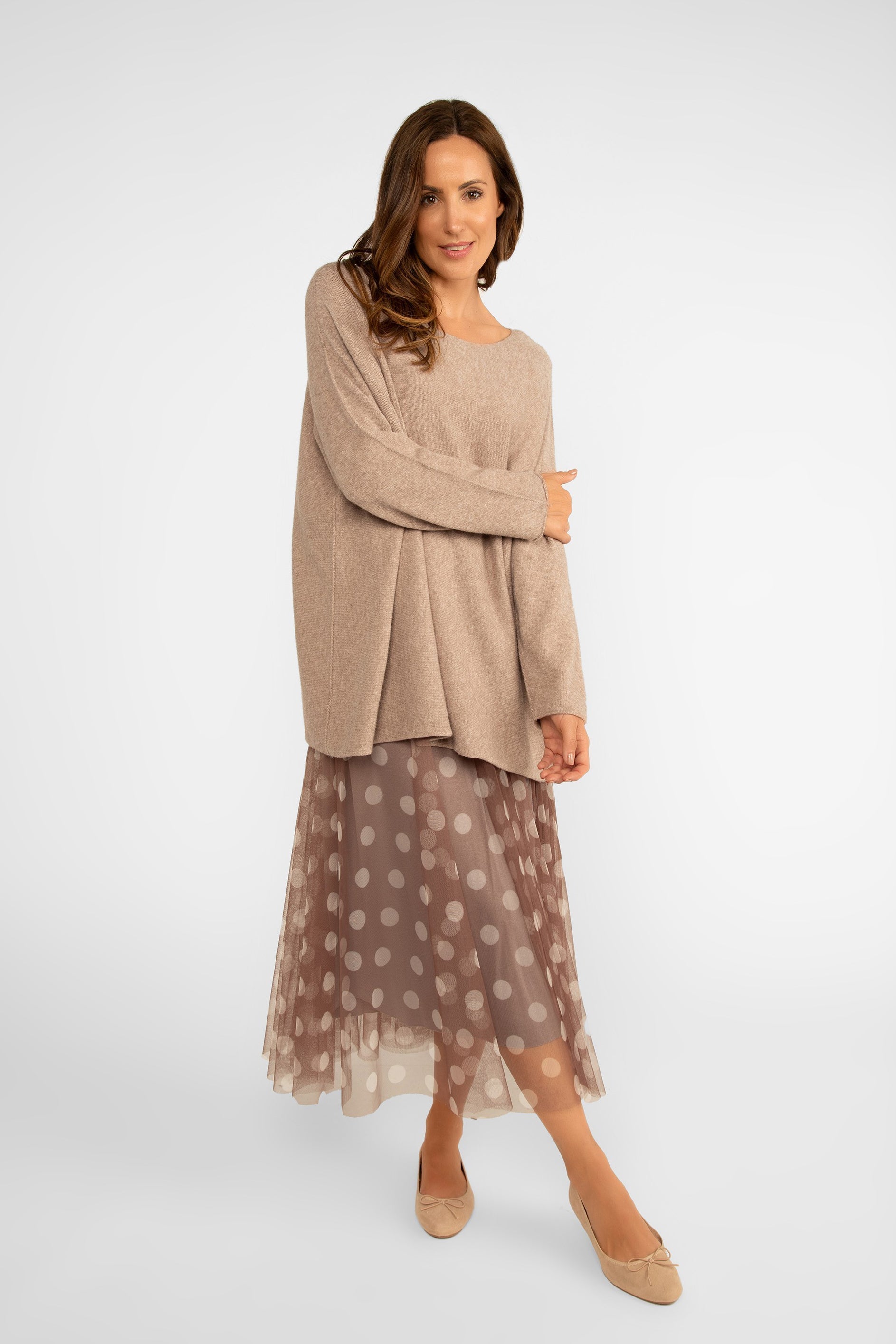 Me & Gee (18-23N3495) Women's Long Sleeve Relaxed Fit Marled Sweater in Beige Brown