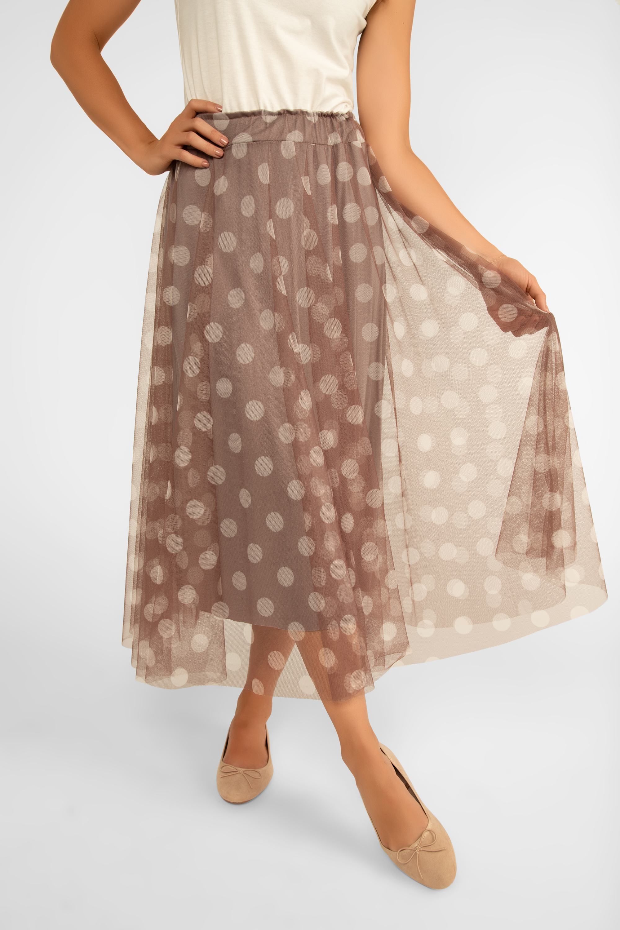 Me & Gee (35-7777) Women's Chiffon Polka Dot Skirt in Brown and Cream