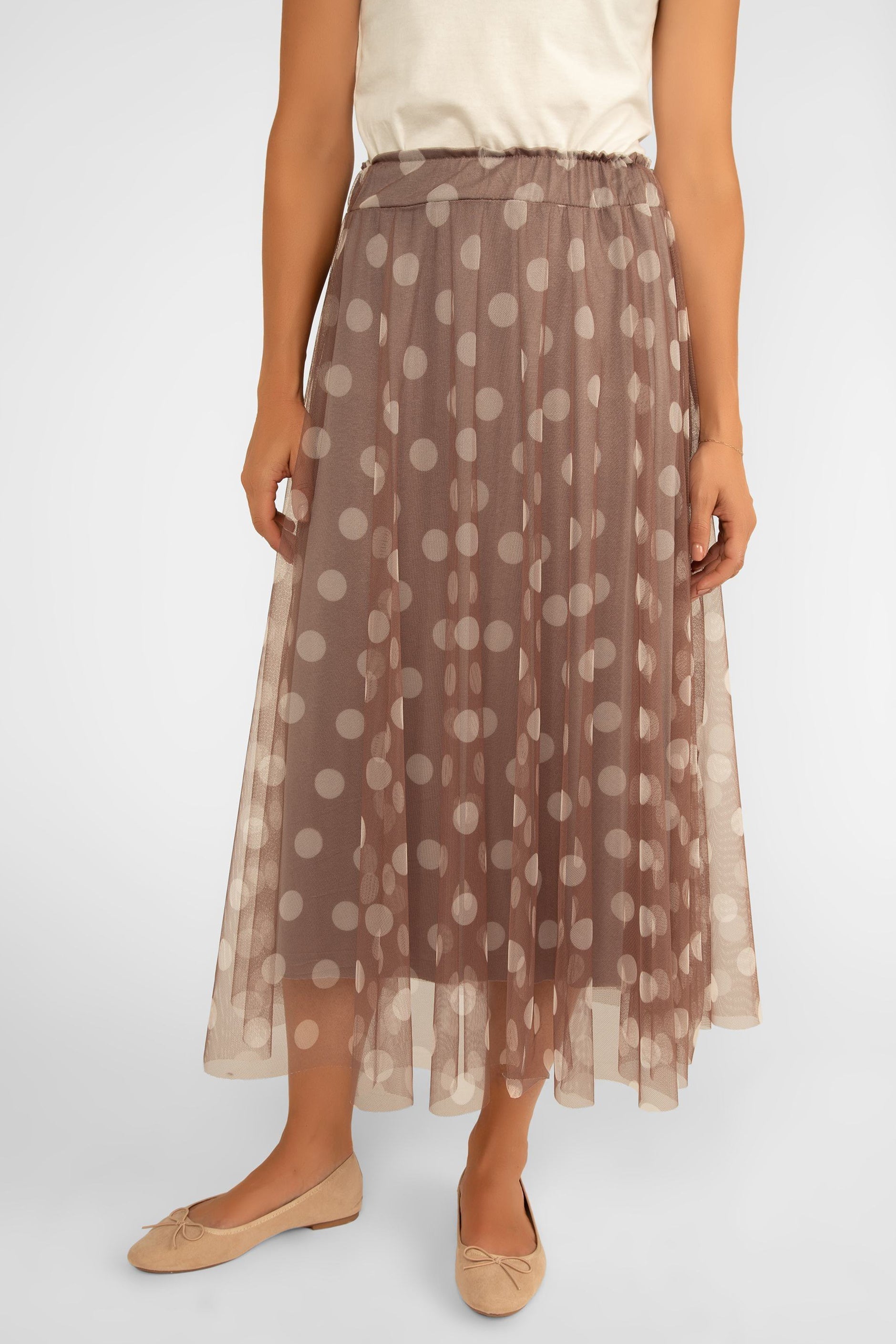 Me & Gee (35-7777) Women's Chiffon Polka Dot Skirt in Brown and Cream