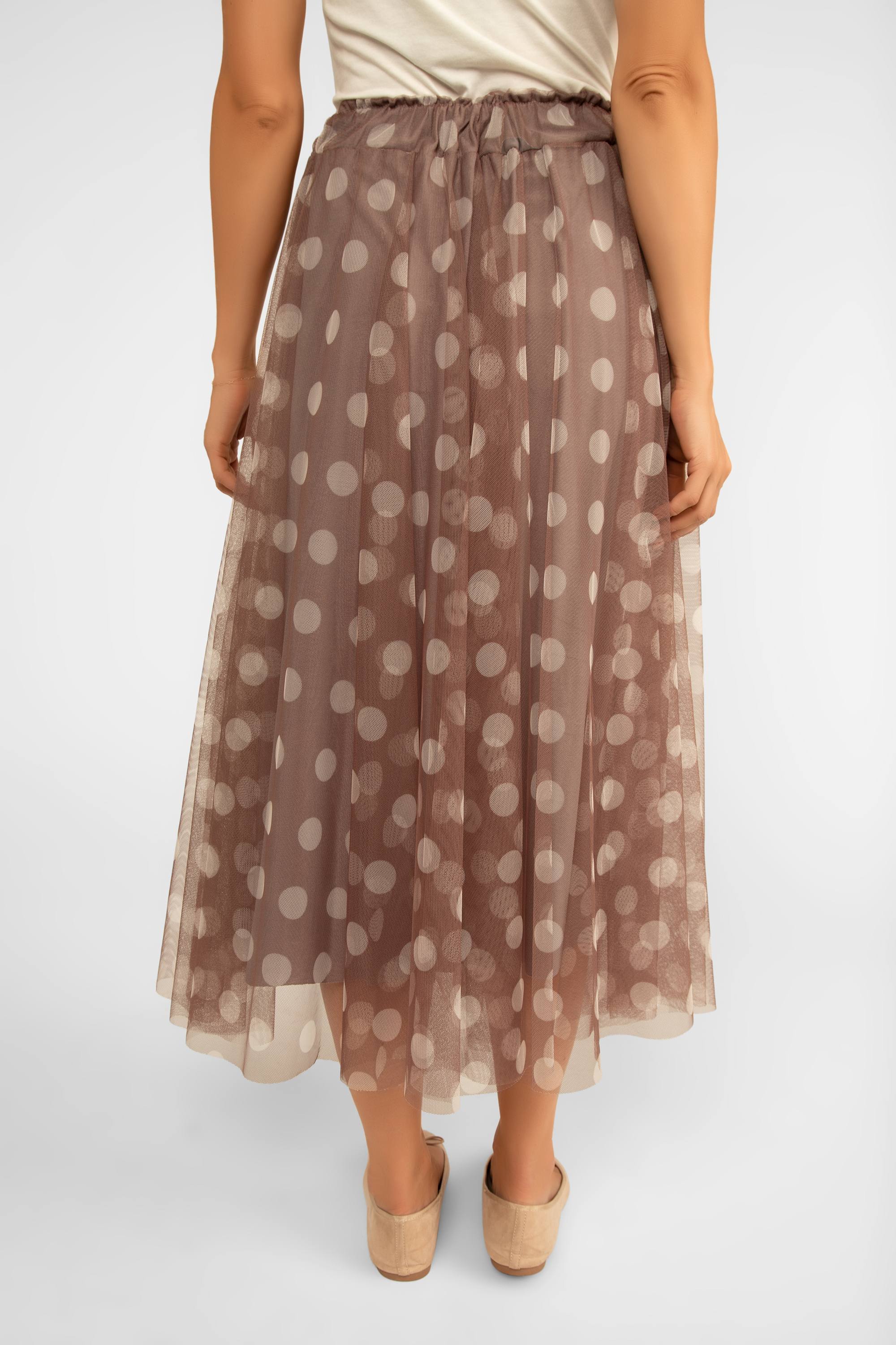 Back view of Me & Gee (35-7777) Women's Chiffon Polka Dot Skirt in Brown and Cream