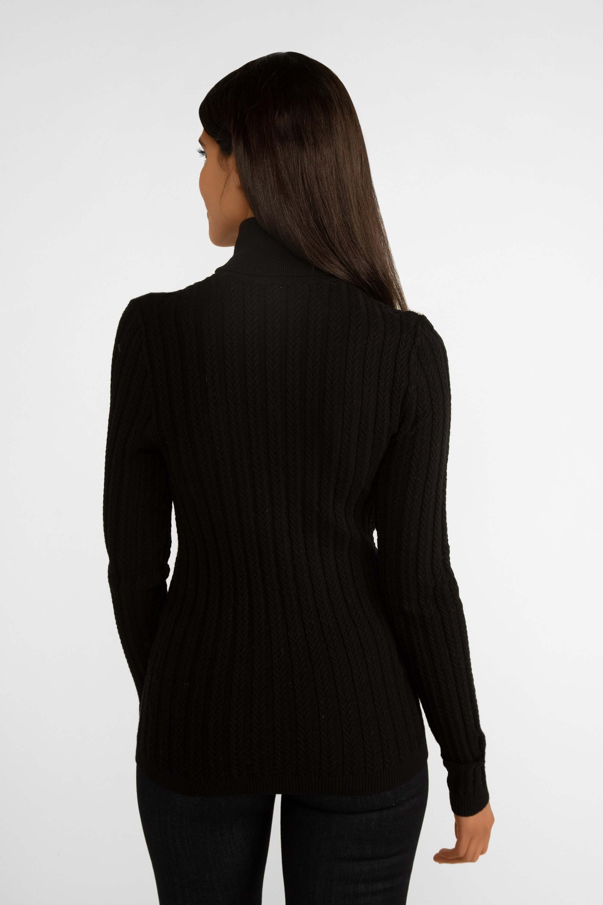 Back view of Carre Noir (7506) Women's Long Sleeve Lightweight Cable Knit Turtleneck Sweater in Black