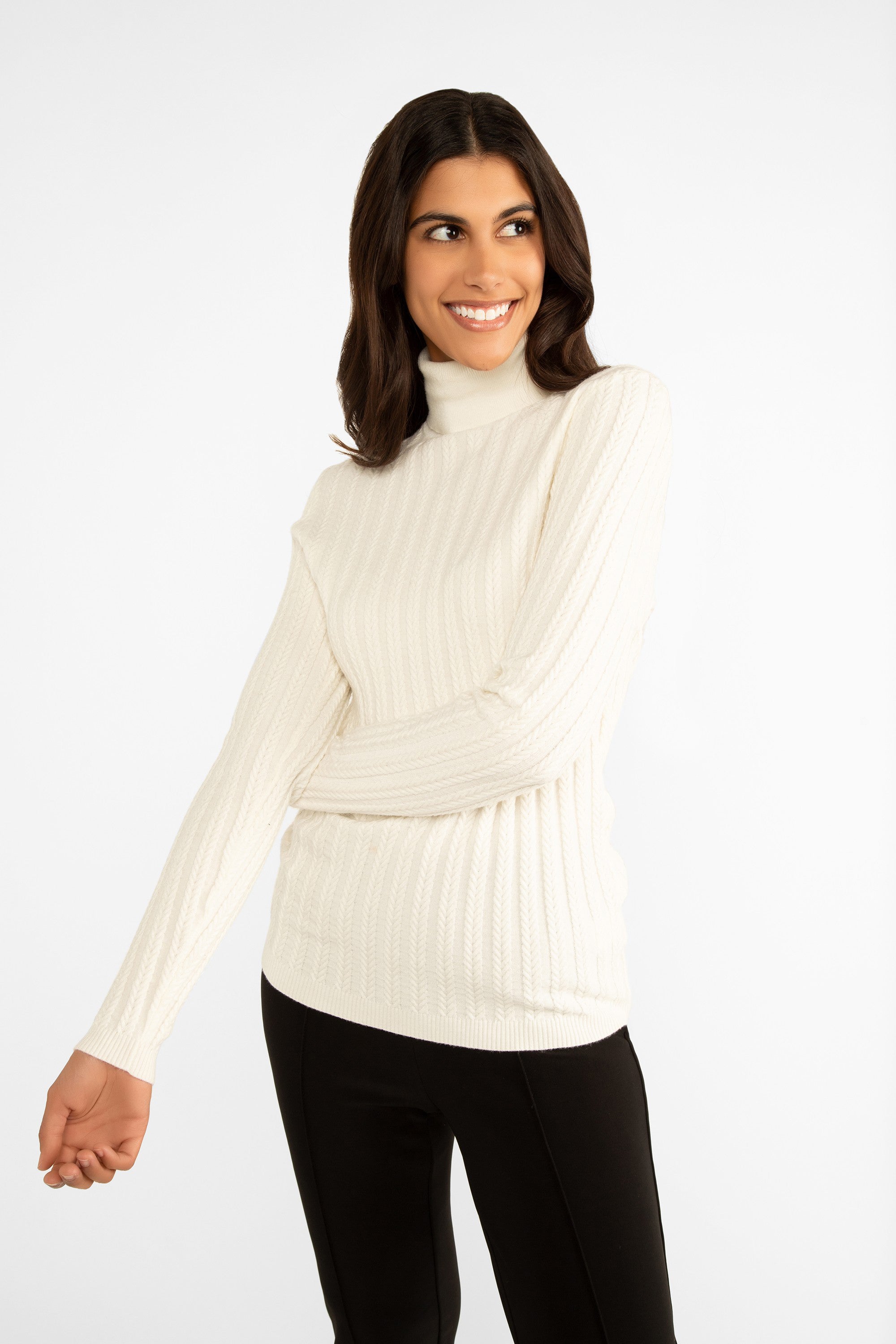 Carre Noir (7506) Women's Long Sleeve Lightweight Cable Knit Turtleneck Sweater in Ivory White