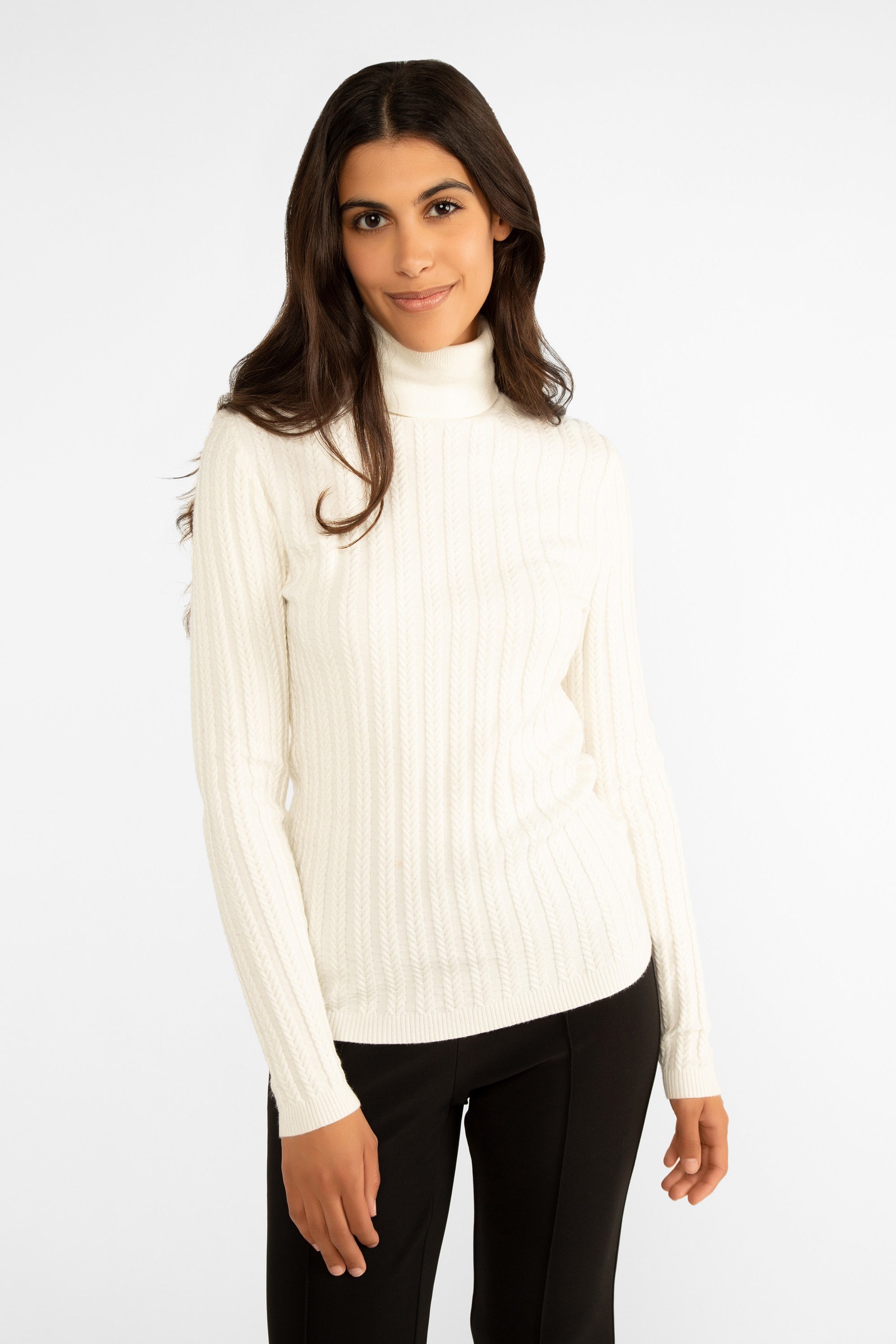 Carre Noir (7506) Women's Long Sleeve Lightweight Cable Knit Turtleneck Sweater in Ivory White