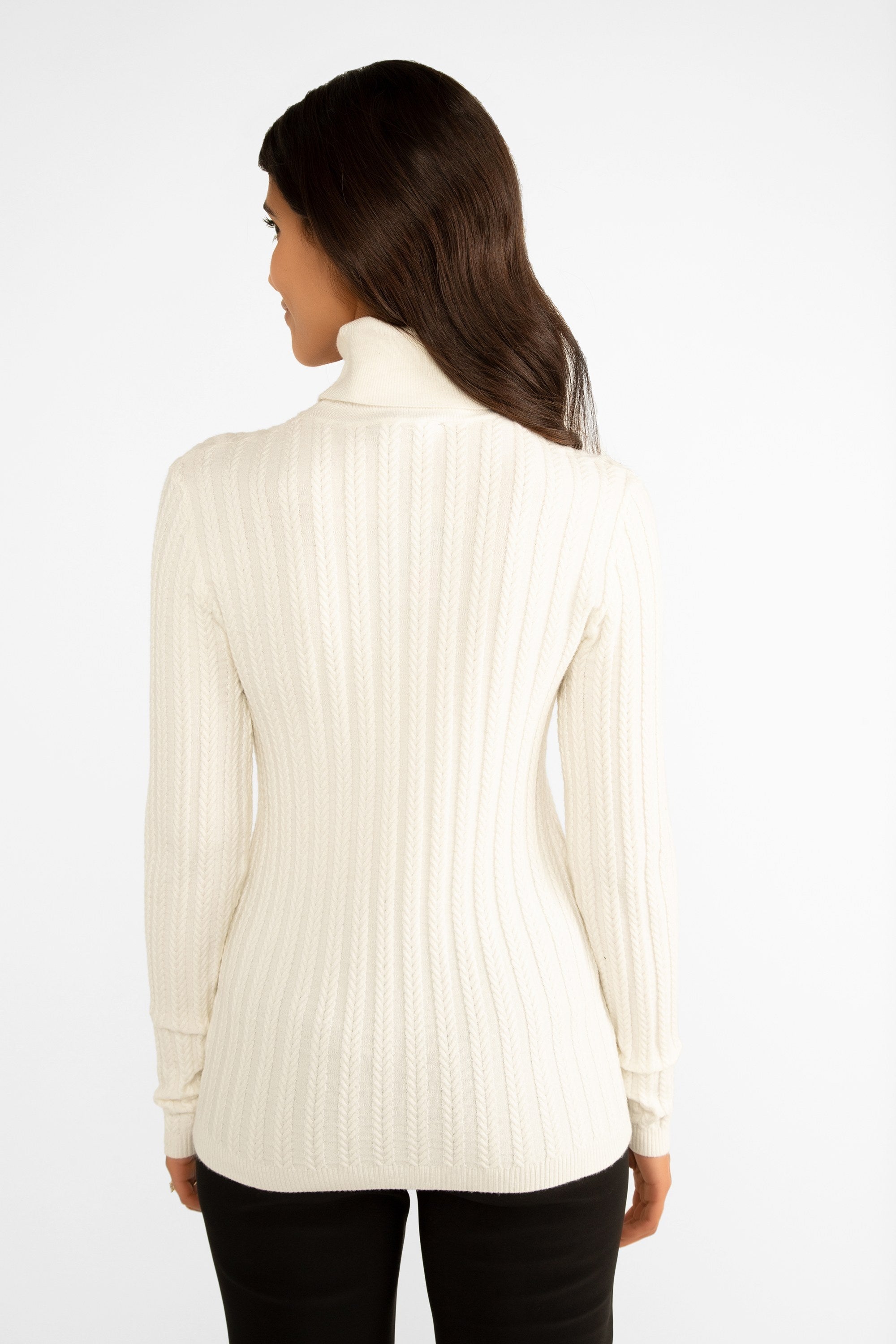 Back view of Carre Noir (7506) Women's Long Sleeve Lightweight Cable Knit Turtleneck Sweater in Ivory White