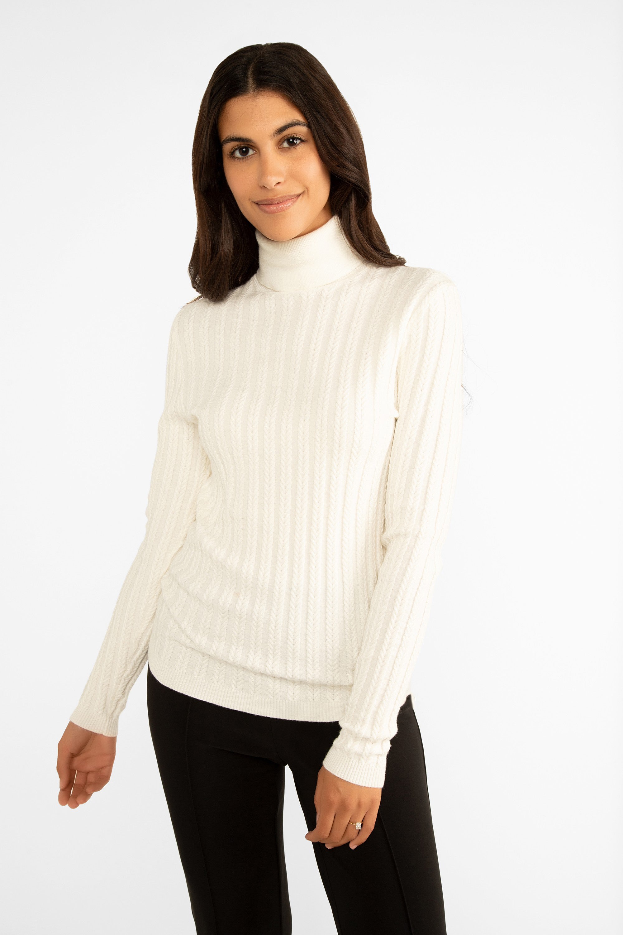 Carre Noir (7506) Women's Long Sleeve Lightweight Cable Knit Turtleneck Sweater in Ivory White