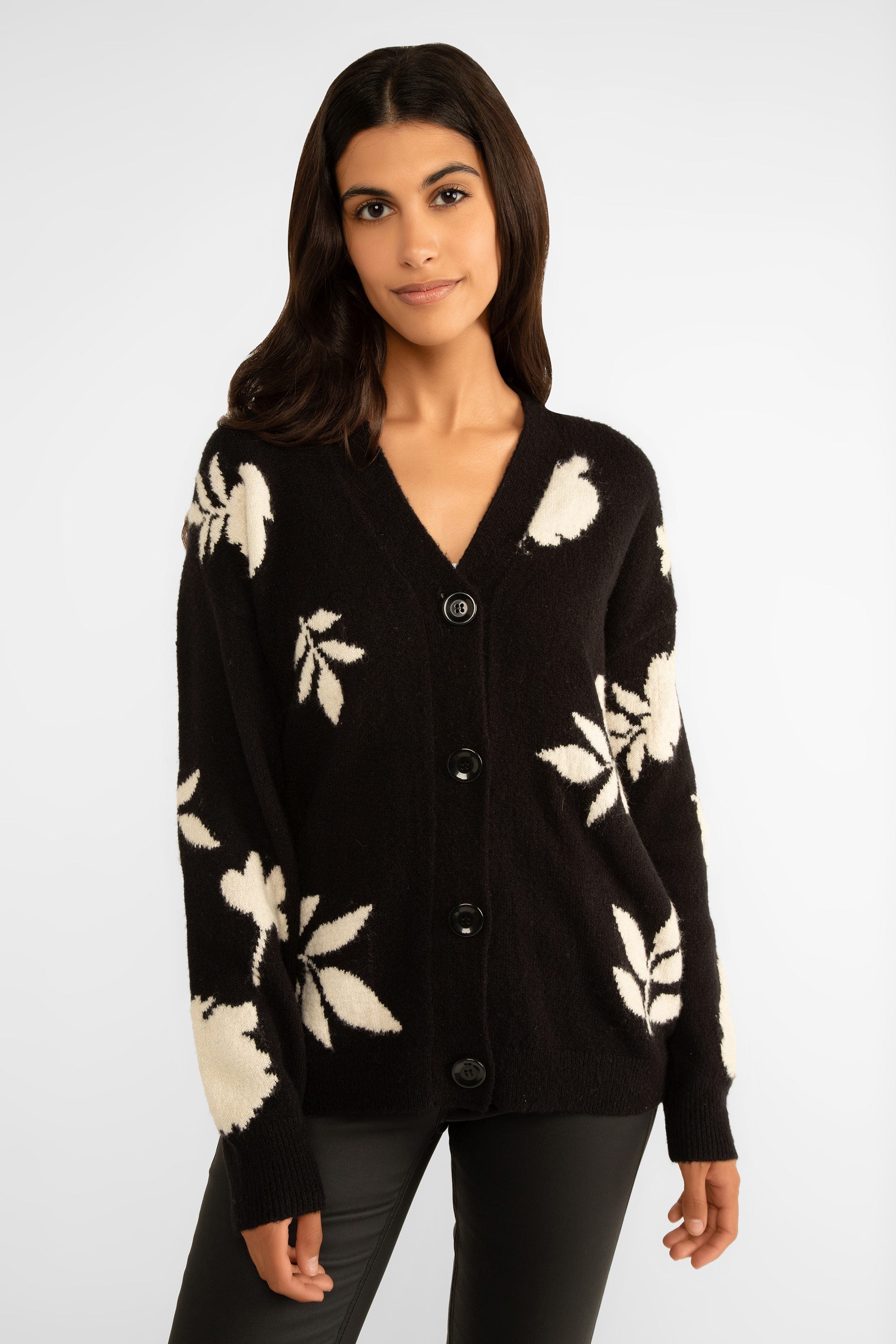 Carre Noir (7519) Women's  Long Sleeve  V-neck Foliage and Flower Motif Cardigan in Black & White