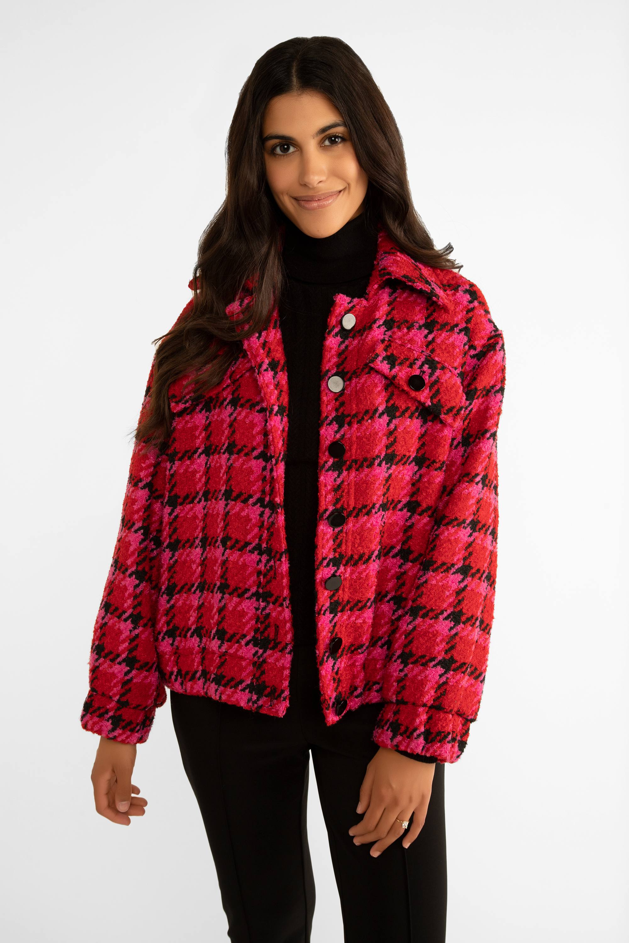 Carre Noir (7547) Women's Long Sleeve, Collared Mixed Plaid & Houndstooth Jacket in Pink, Red & Black