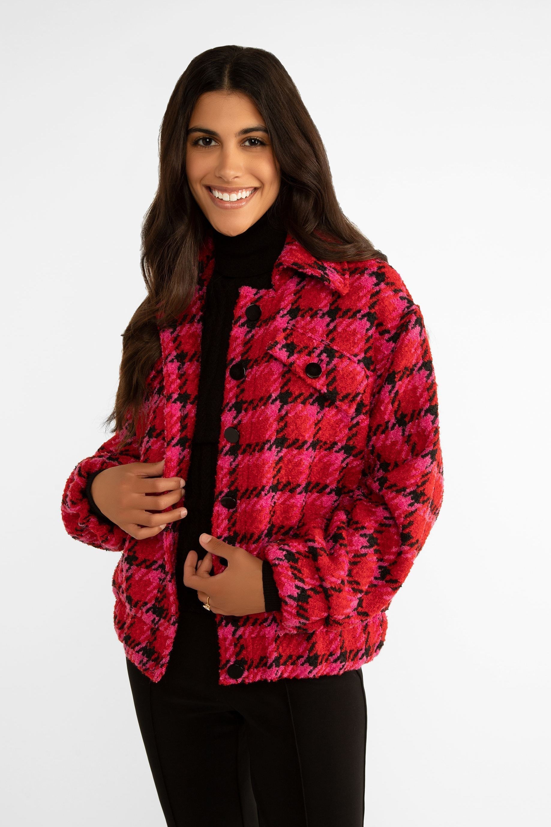 Carre Noir (7547) Women's Long Sleeve, Collared Mixed Plaid & Houndstooth Jacket in Pink, Red & Black