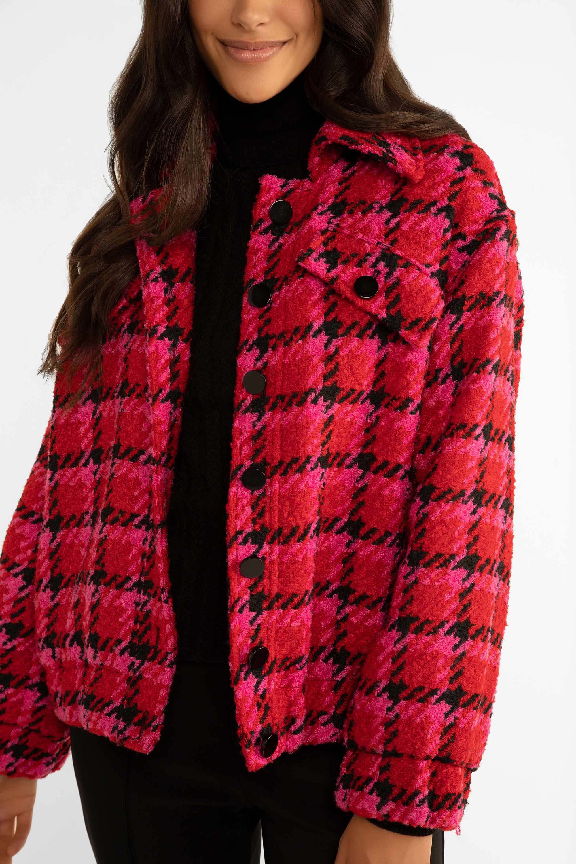 Carre Noir (7547) Women's Long Sleeve, Collared Mixed Plaid & Houndstooth Jacket in Pink, Red & Black