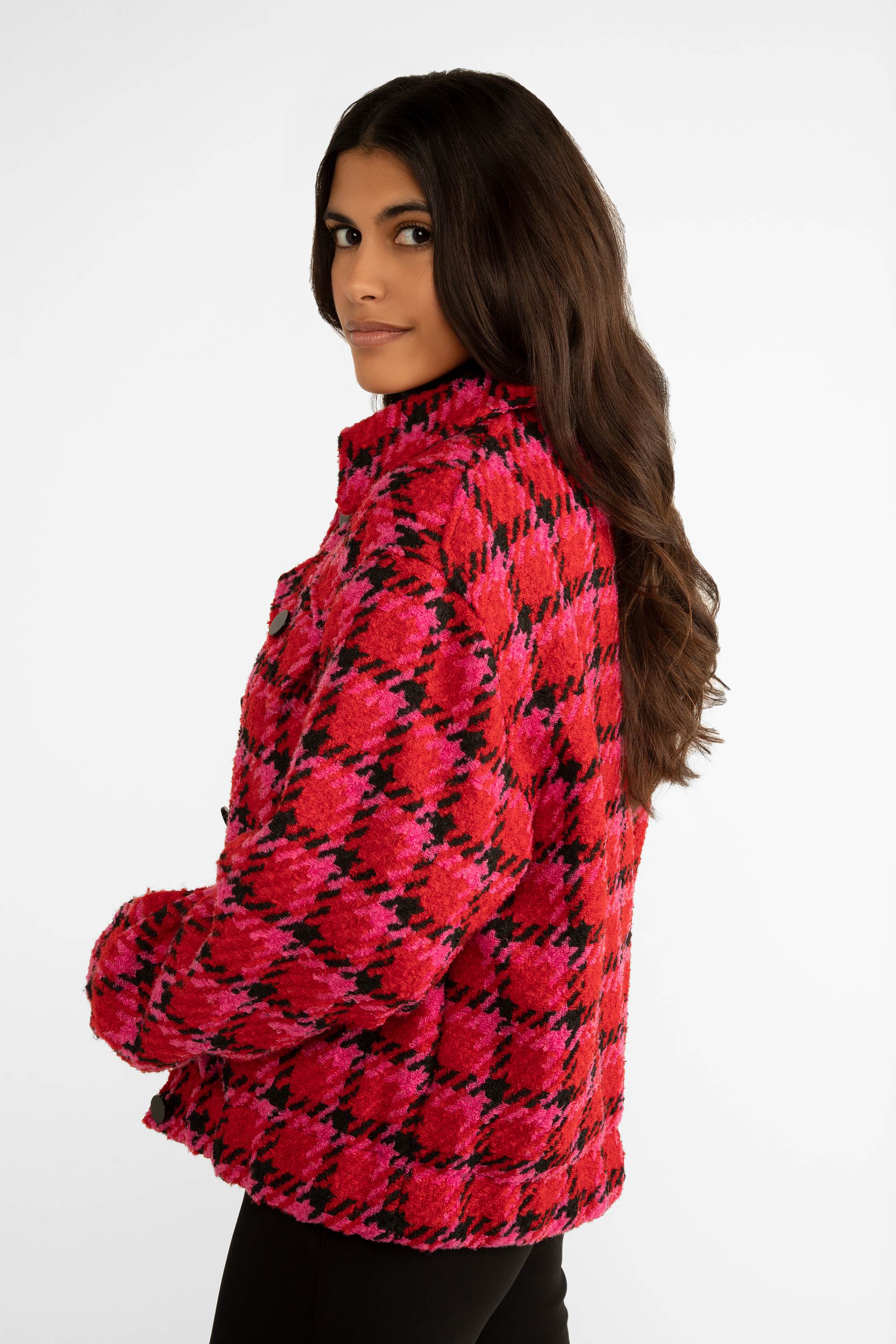 Side view of Carre Noir (7547) Women's Long Sleeve, Collared Mixed Plaid & Houndstooth Jacket in Pink, Red & Black