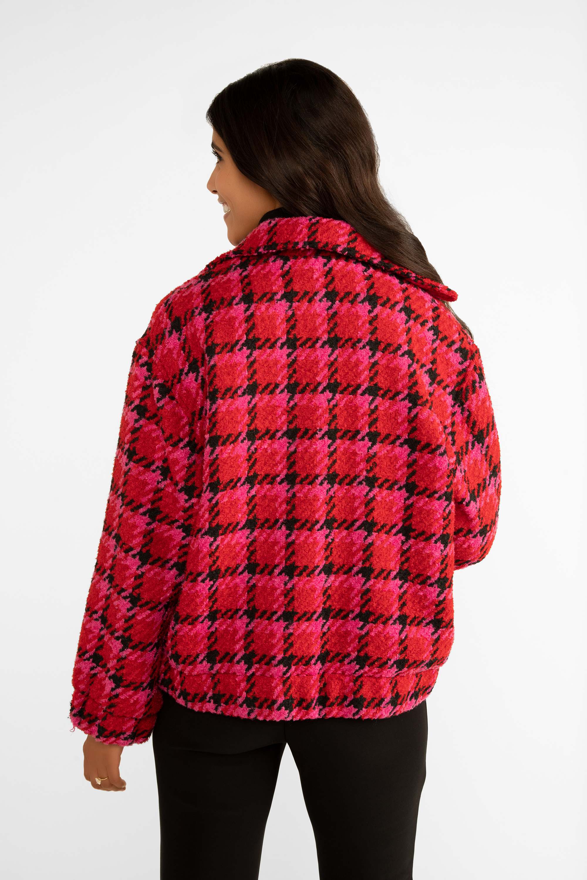 Back view of Carre Noir (7547) Women's Long Sleeve, Collared Mixed Plaid & Houndstooth Jacket in Pink, Red & Black