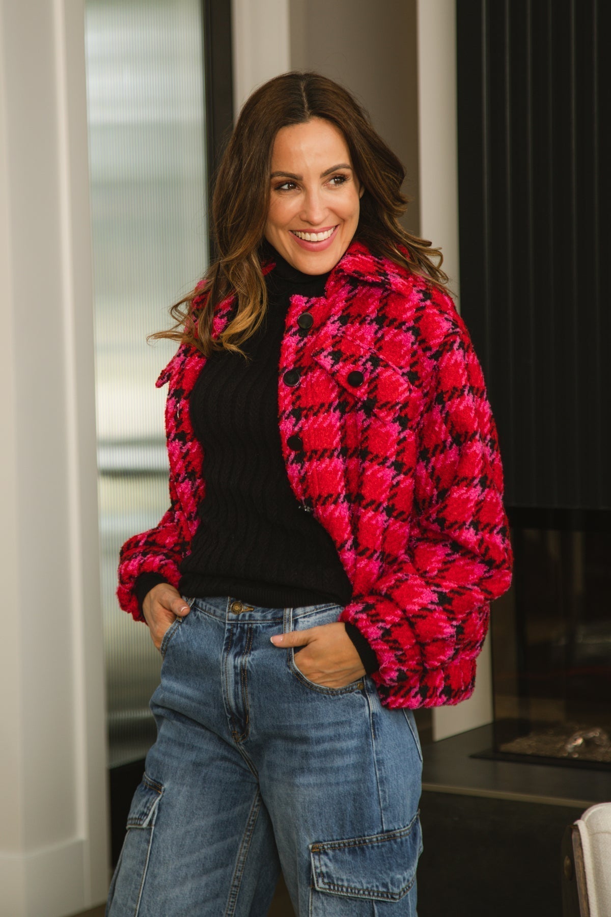 Carre Noir (7547) Women's Long Sleeve, Collared Mixed Plaid & Houndstooth Jacket in Pink, Red & Black