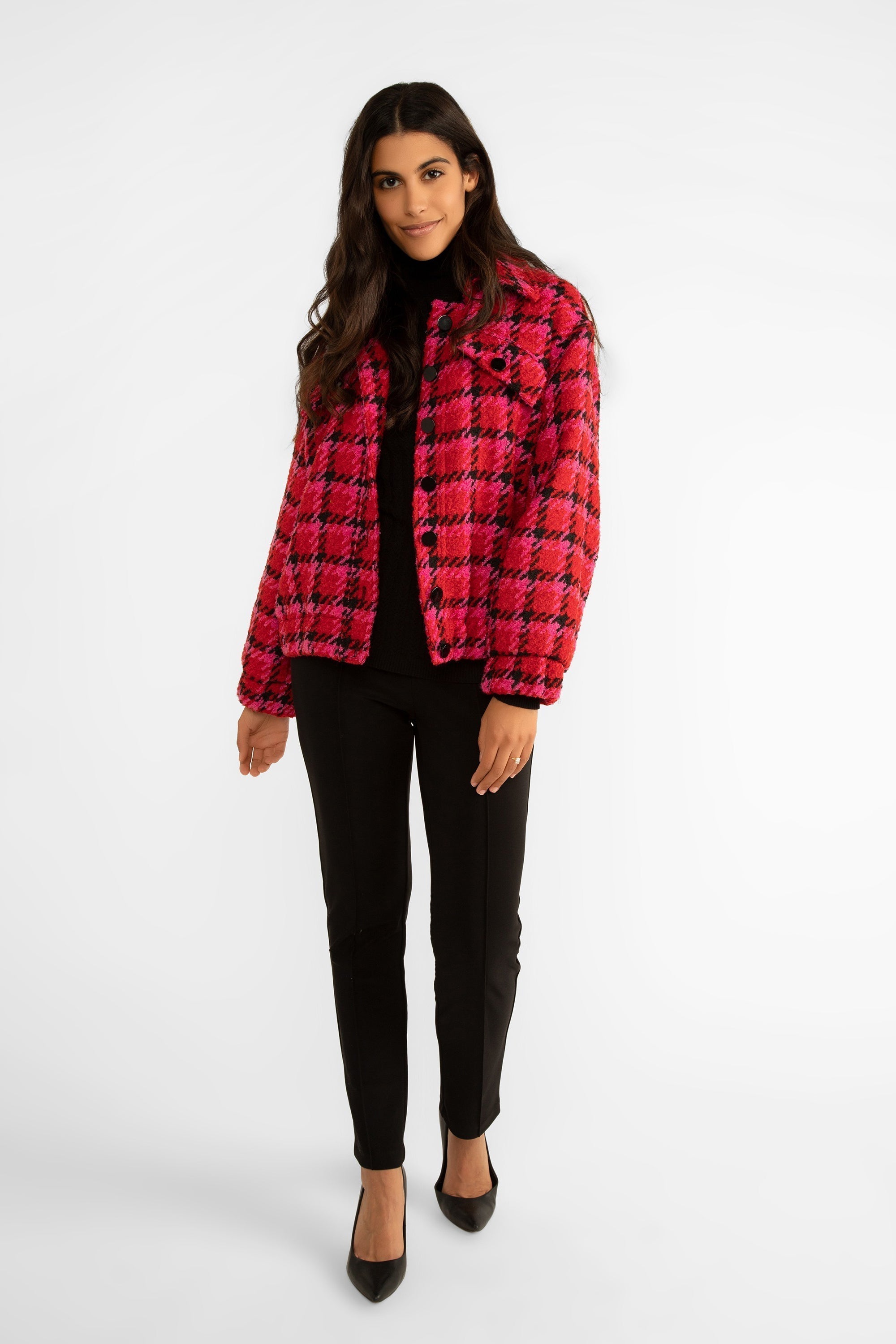 Carre Noir (7547) Women's Long Sleeve, Collared Mixed Plaid & Houndstooth Jacket in Pink, Red & Black