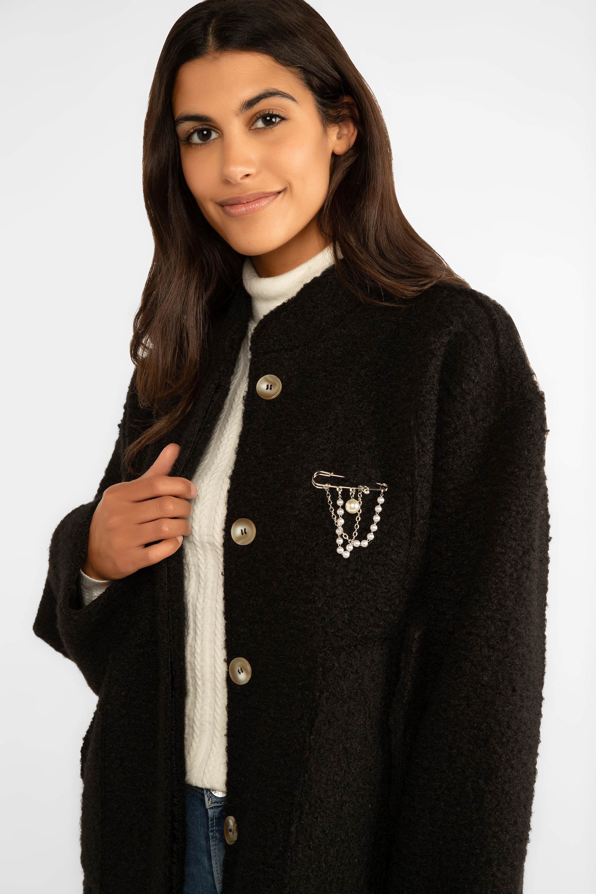 Carre Noir (7571) Women's Long Sleeve Unlined Boucle Jacket With Removeable Skirt Pin Chest Embellishment with Pearl beads in black