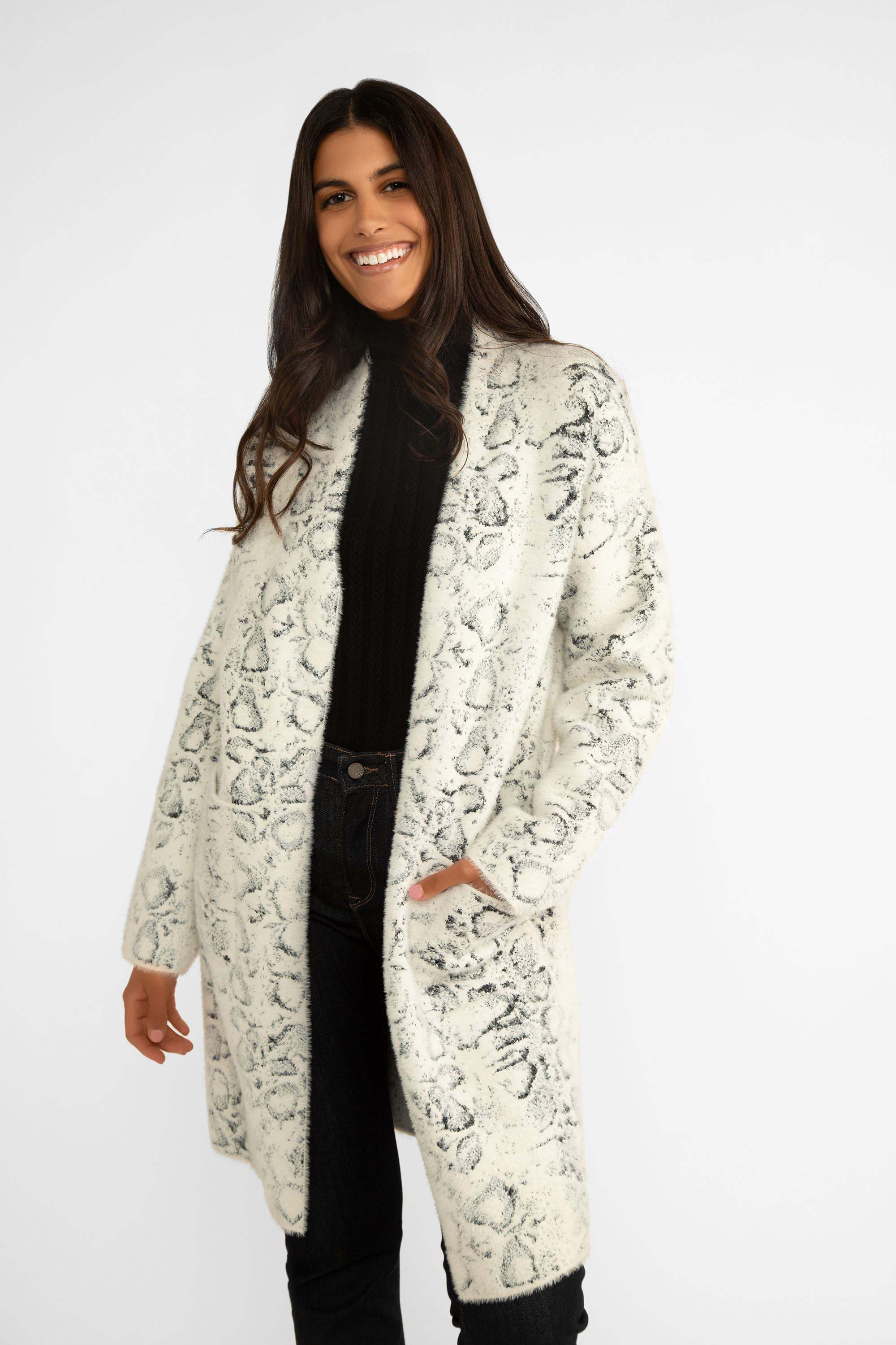 Carre Noir (7611) Women's Long Sleeve Long Line Open Fuzzy Knit Cardigan in Snowy Animal Print