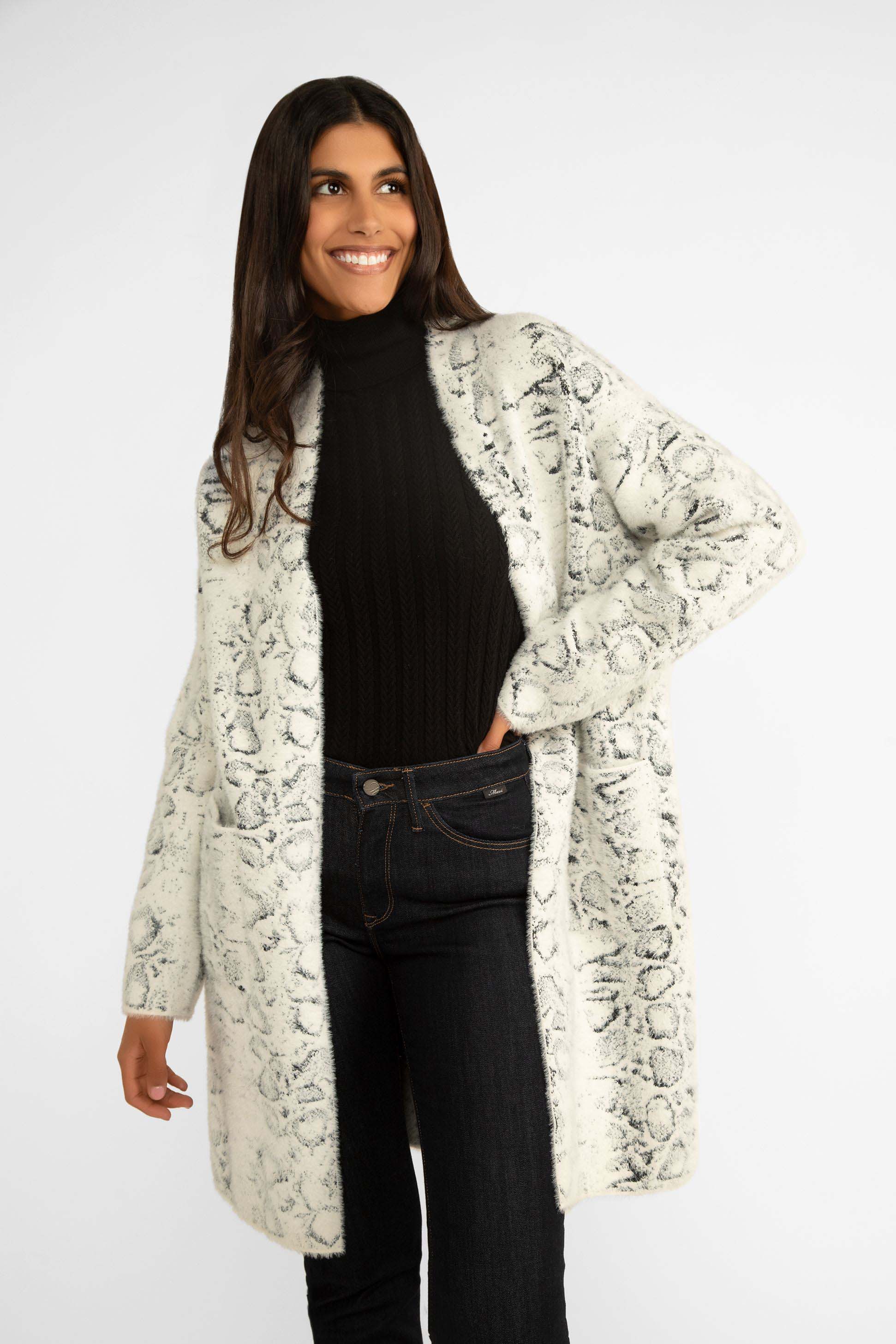 Carre Noir (7611) Women's Long Sleeve Long Line Open Fuzzy Knit Cardigan in Snowy Animal Print