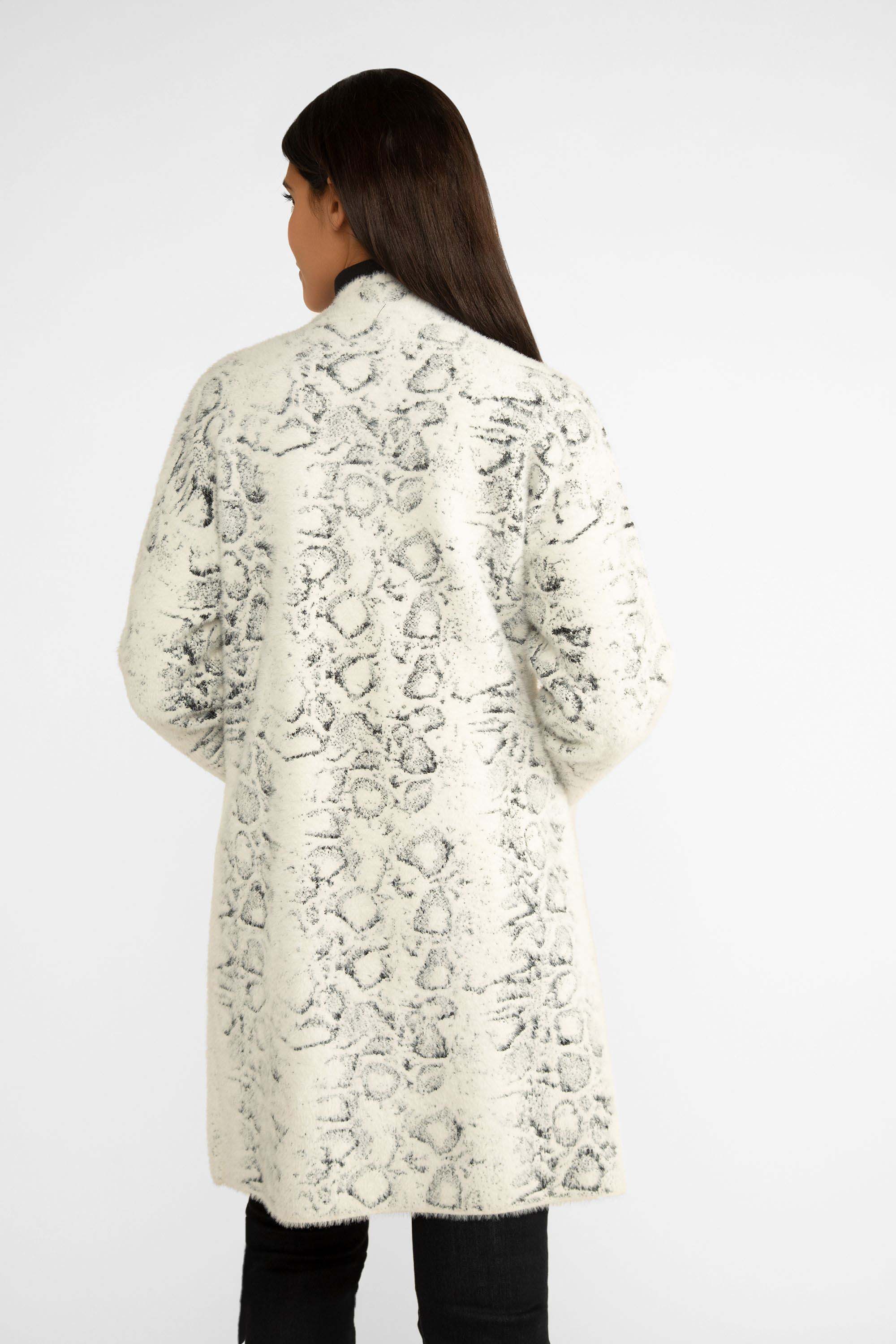 Back view of Carre Noir (7611) Women's Long Sleeve Long Line Open Fuzzy Knit Cardigan in Snowy Animal Print